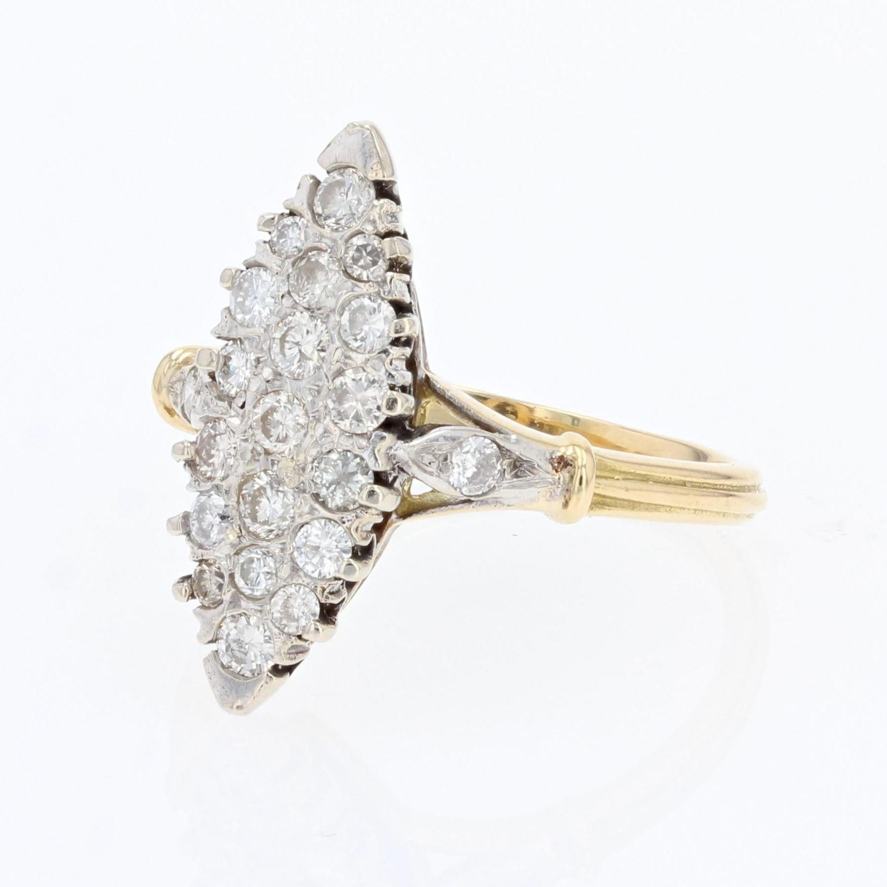 Brilliant Cut French Modern Diamonds 18 Karat Yellow Gold Marquise Ring For Sale
