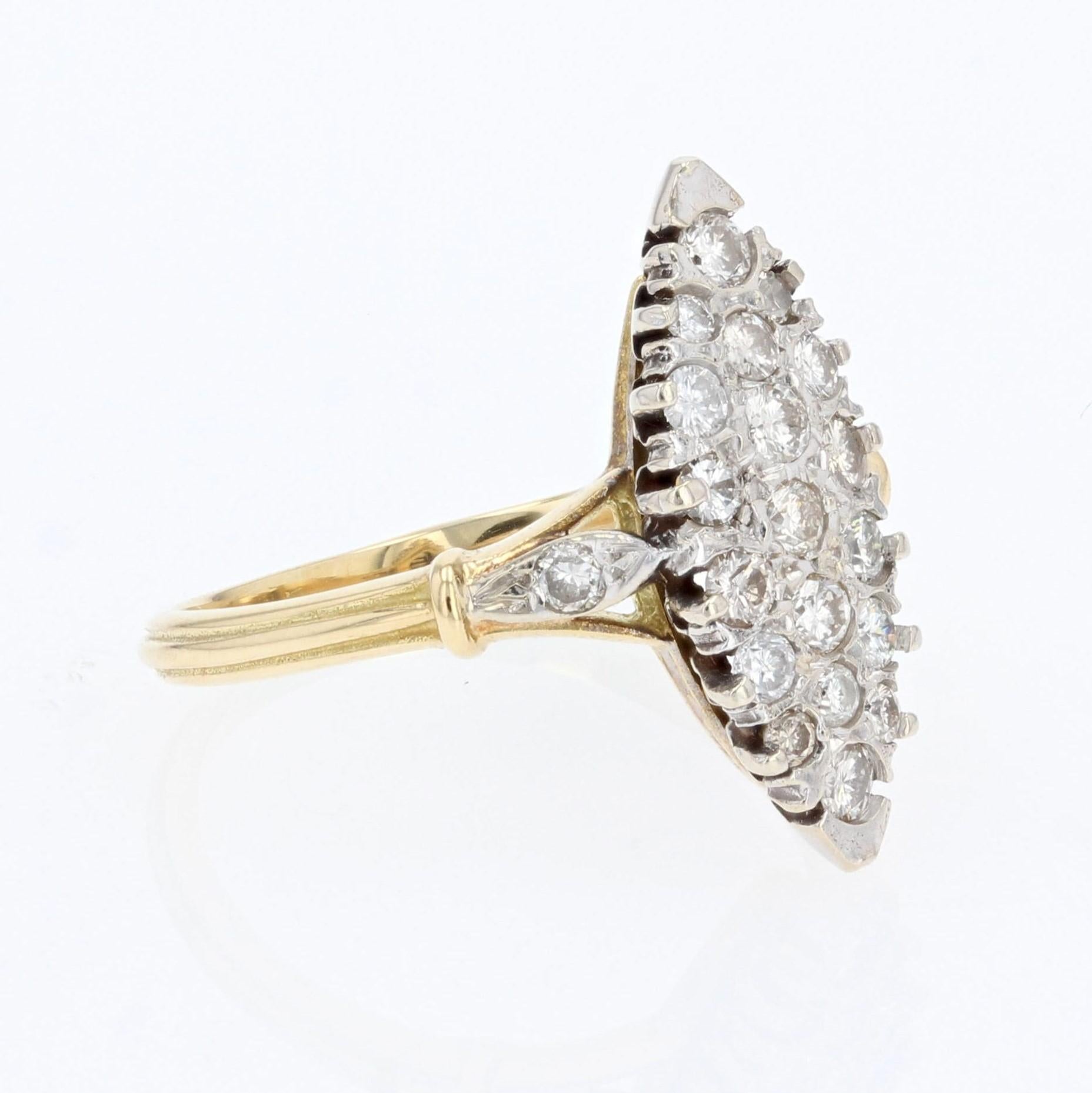 French Modern Diamonds 18 Karat Yellow Gold Marquise Ring In Good Condition For Sale In Poitiers, FR