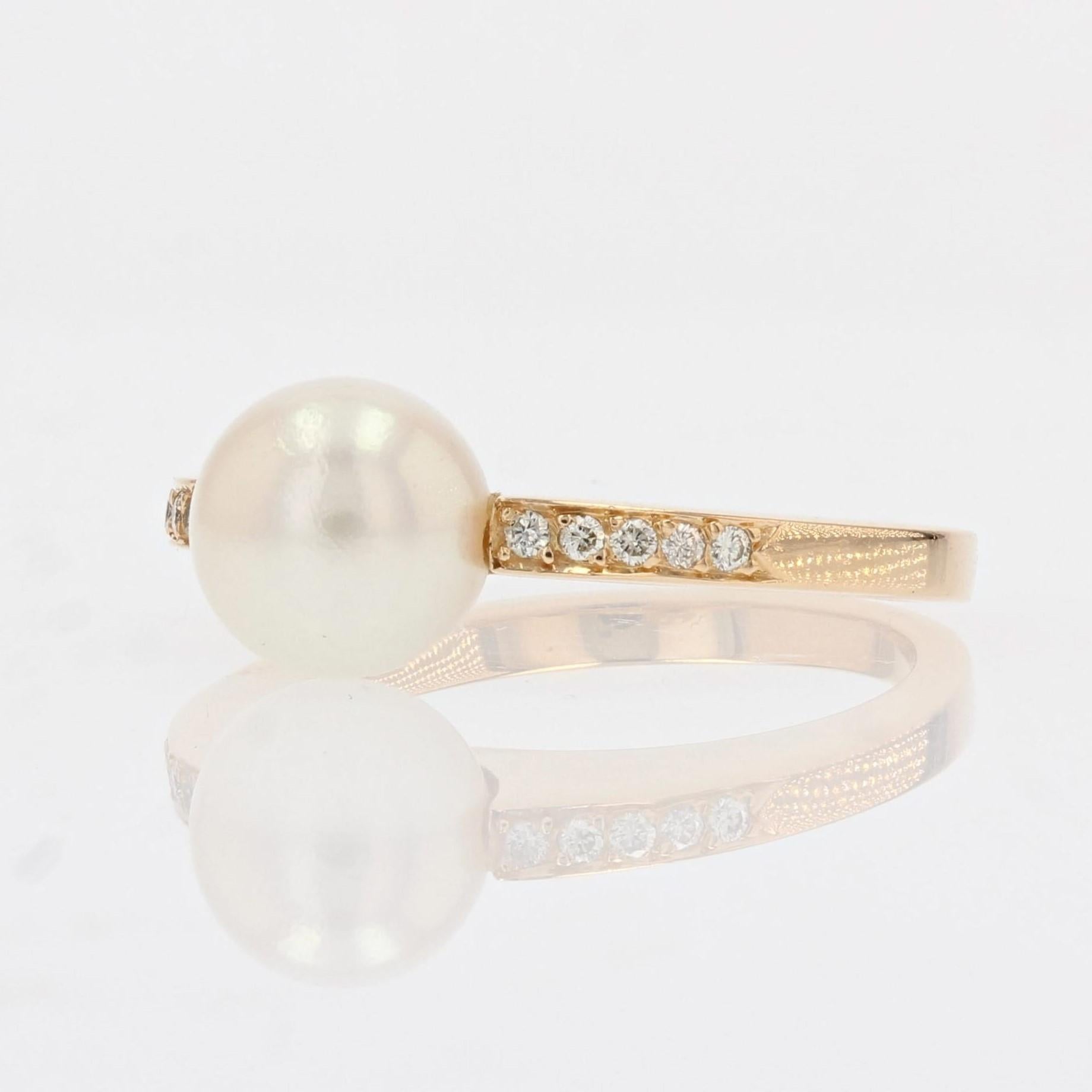 Anillo Plano Francés Moderno Diamantes Perla Cultivada Oro Amarillo 18 Kilates en venta 3