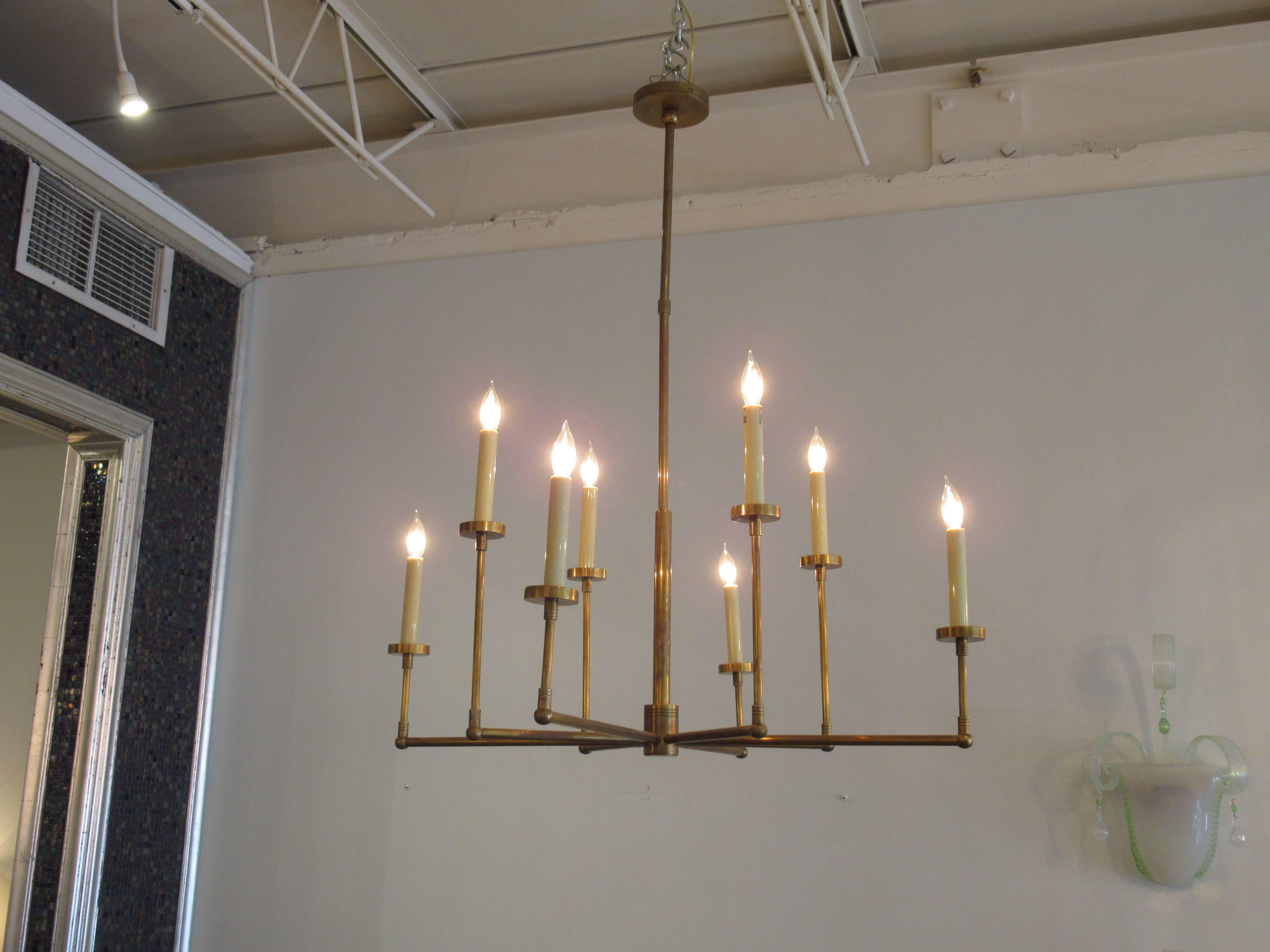 French Modern Eight-Arm Brass Chandelier, Boris Lacroix, 1950s In Excellent Condition In Hollywood, FL