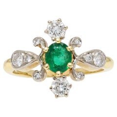 French Modern Emerald Diamond 18 Karat Yellow Gold Platinum Ring