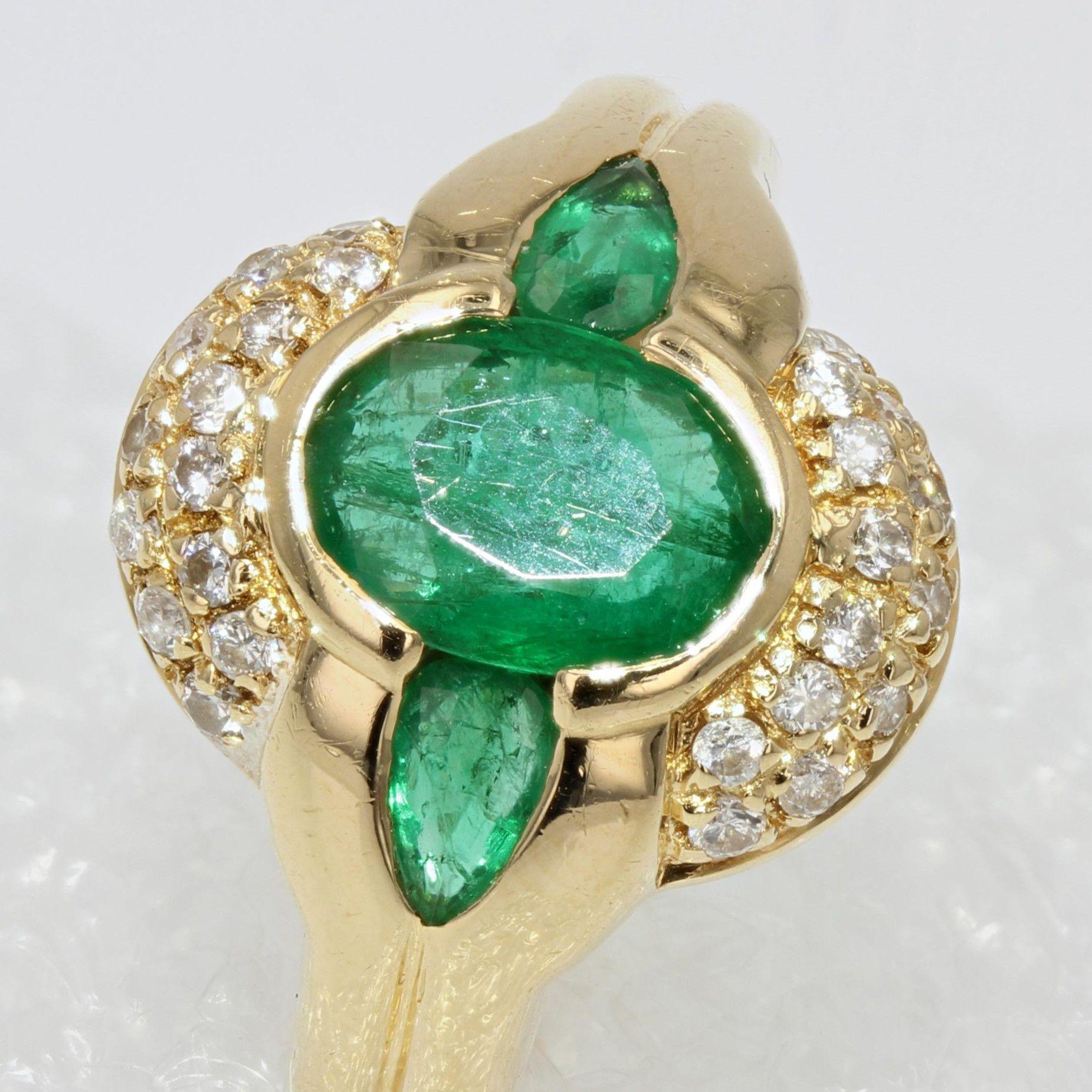 Oval Cut French Modern Emeralds Diamonds 18 Karat Yellow Gold Ring For Sale
