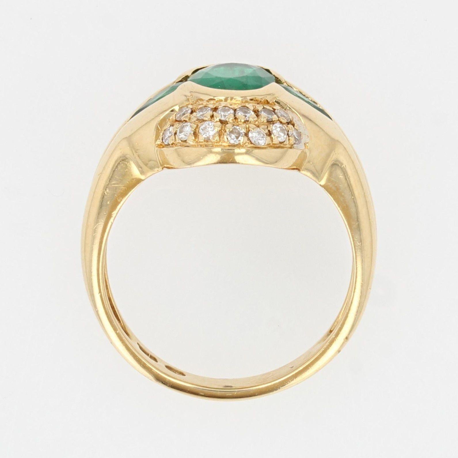French Modern Emeralds Diamonds 18 Karat Yellow Gold Ring For Sale 3