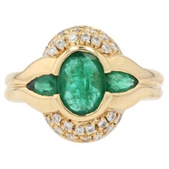 French Modern Emeralds Diamonds 18 Karat Yellow Gold Ring