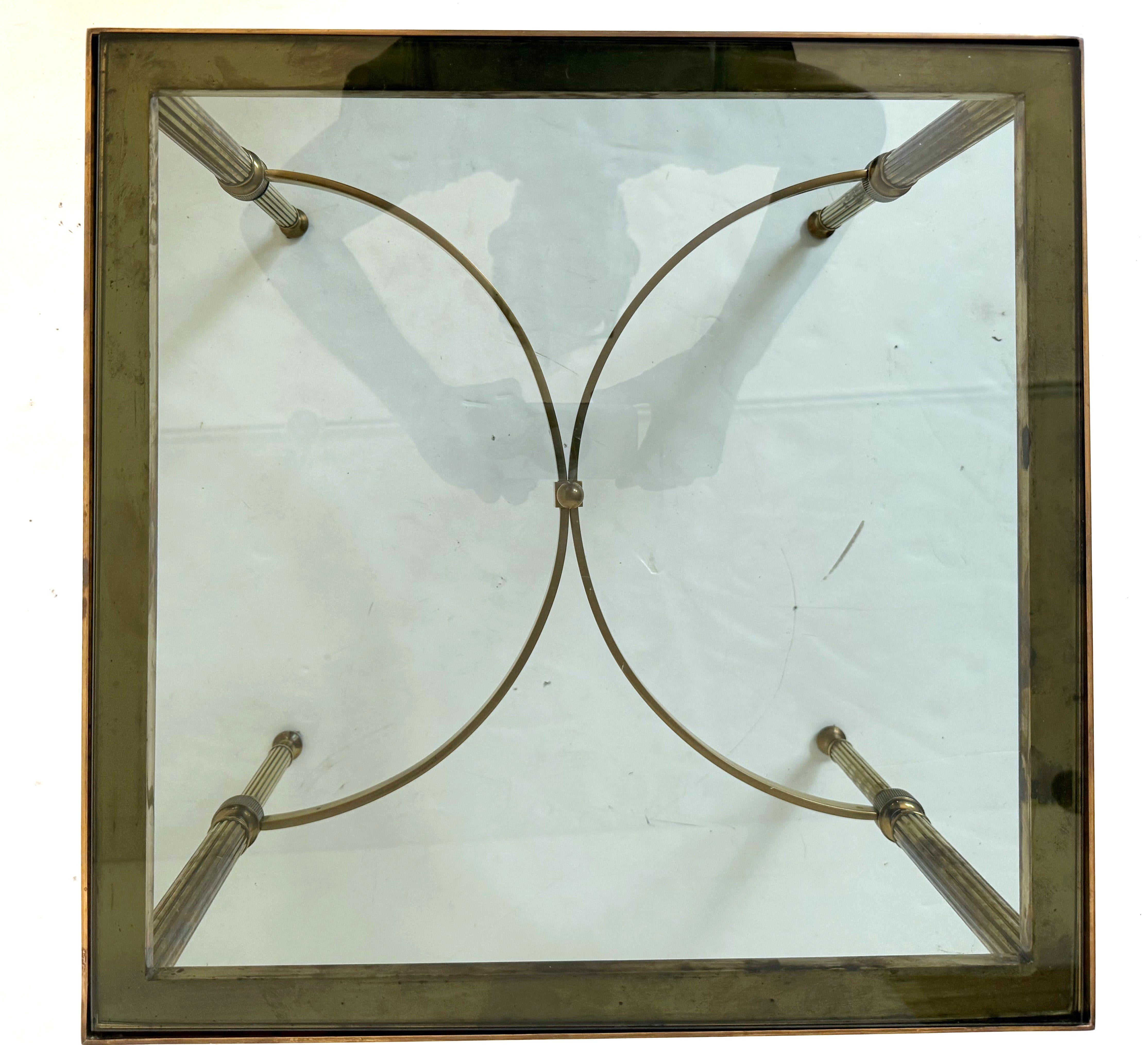 French Modern End Tables of Brass with Smoked Glass Tops 