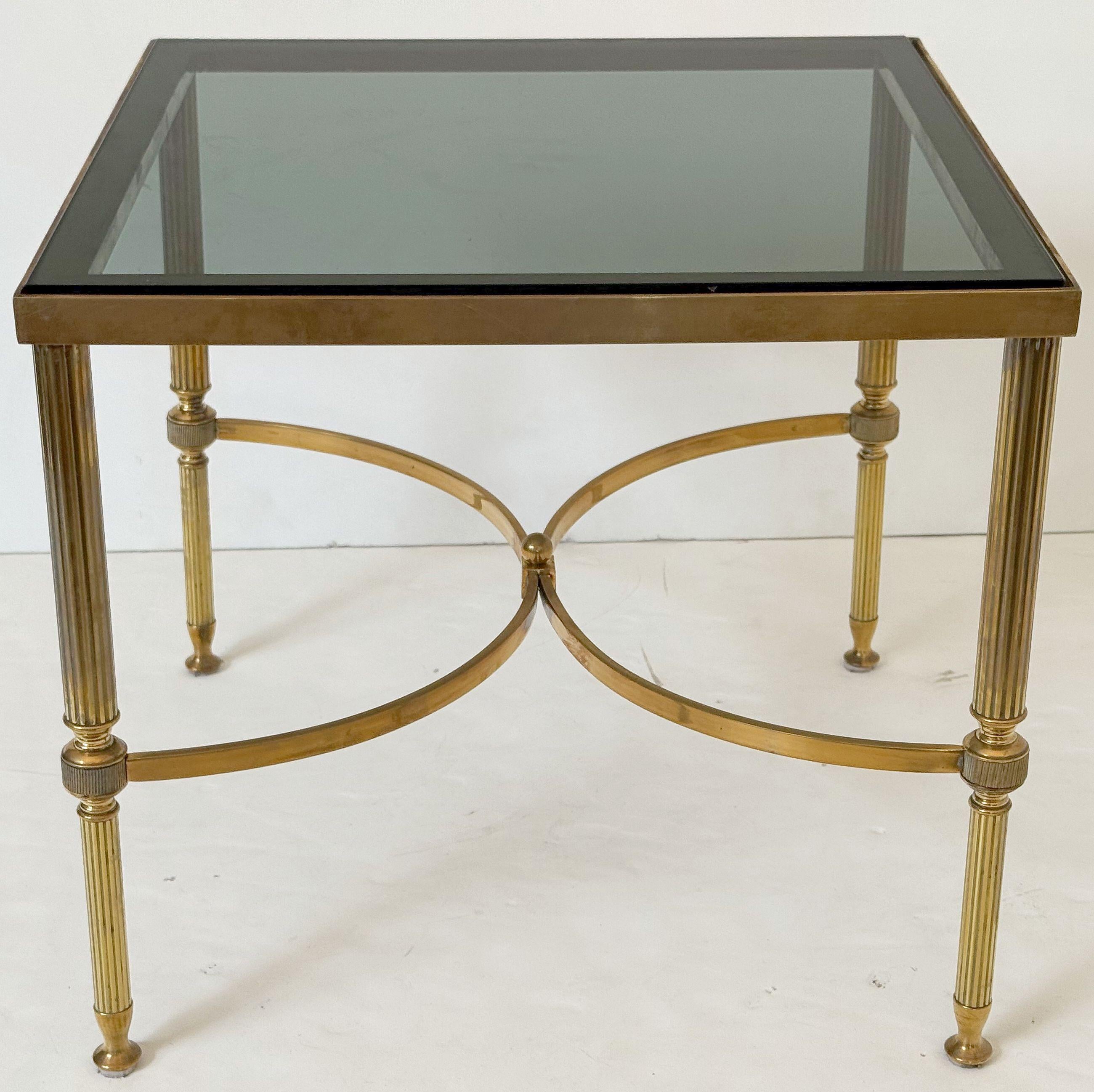 French Modern End Tables of Brass with Smoked Glass Tops 