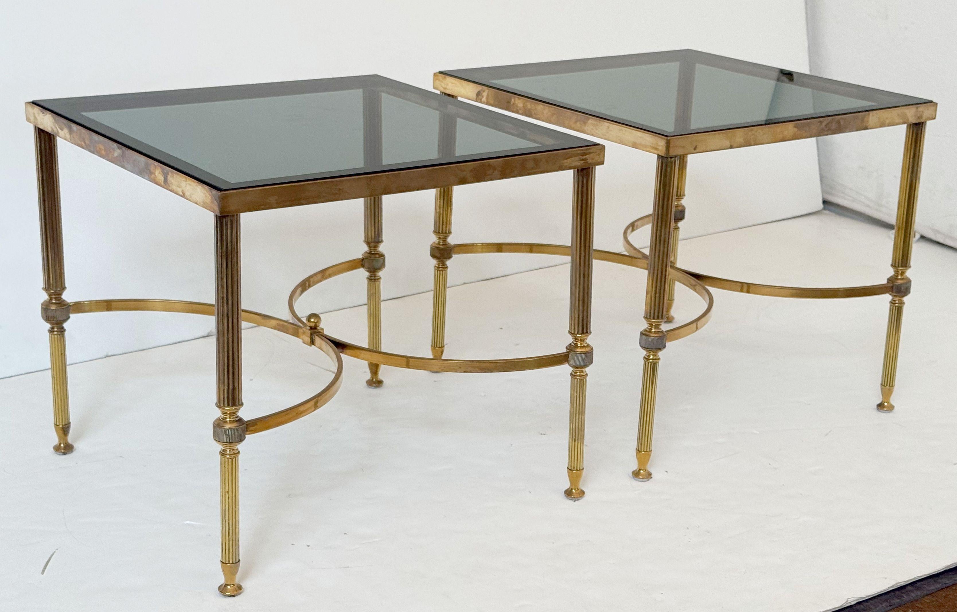 French Modern End Tables of Brass with Smoked Glass Tops 