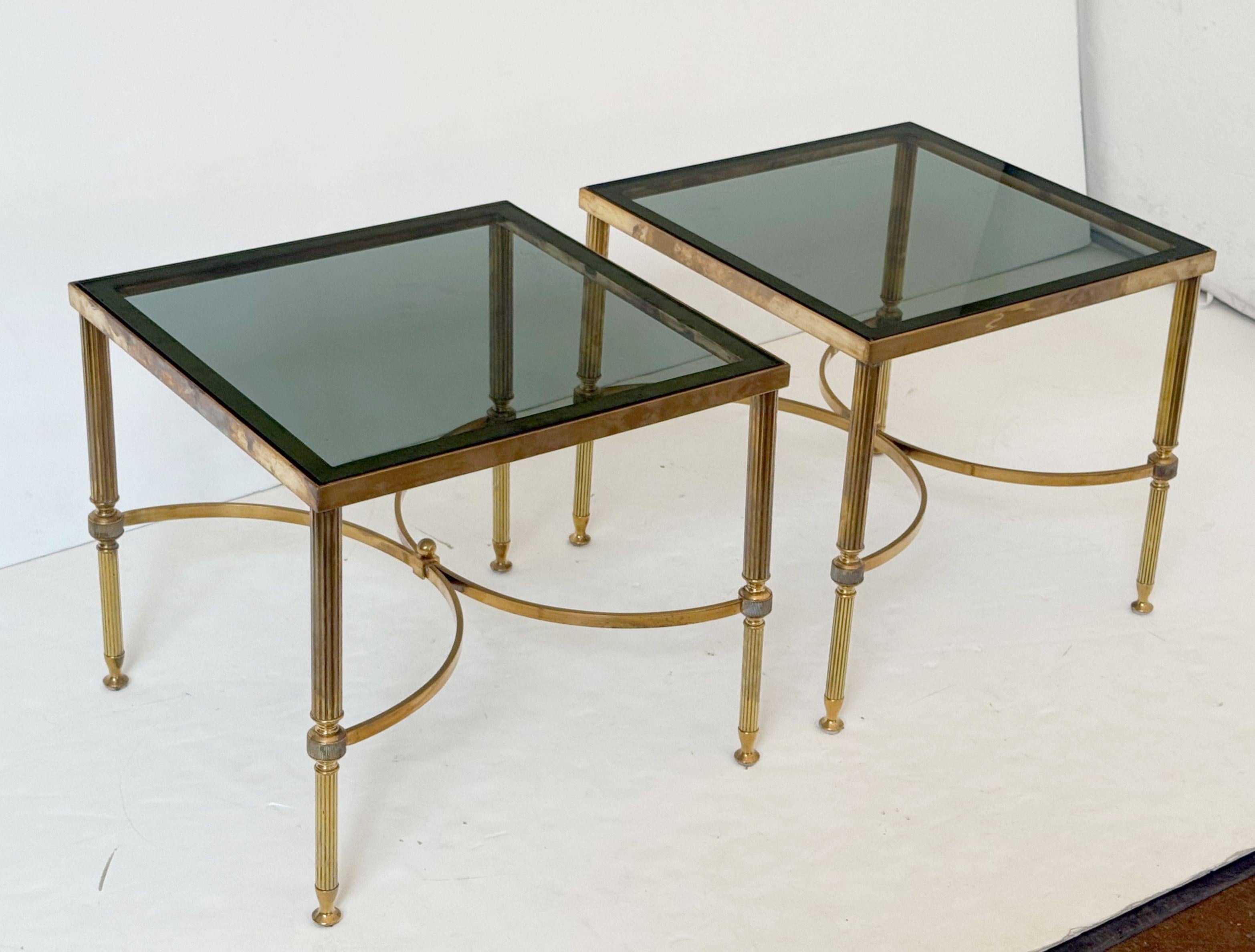 20th Century French Modern End Tables of Brass with Smoked Glass Tops 