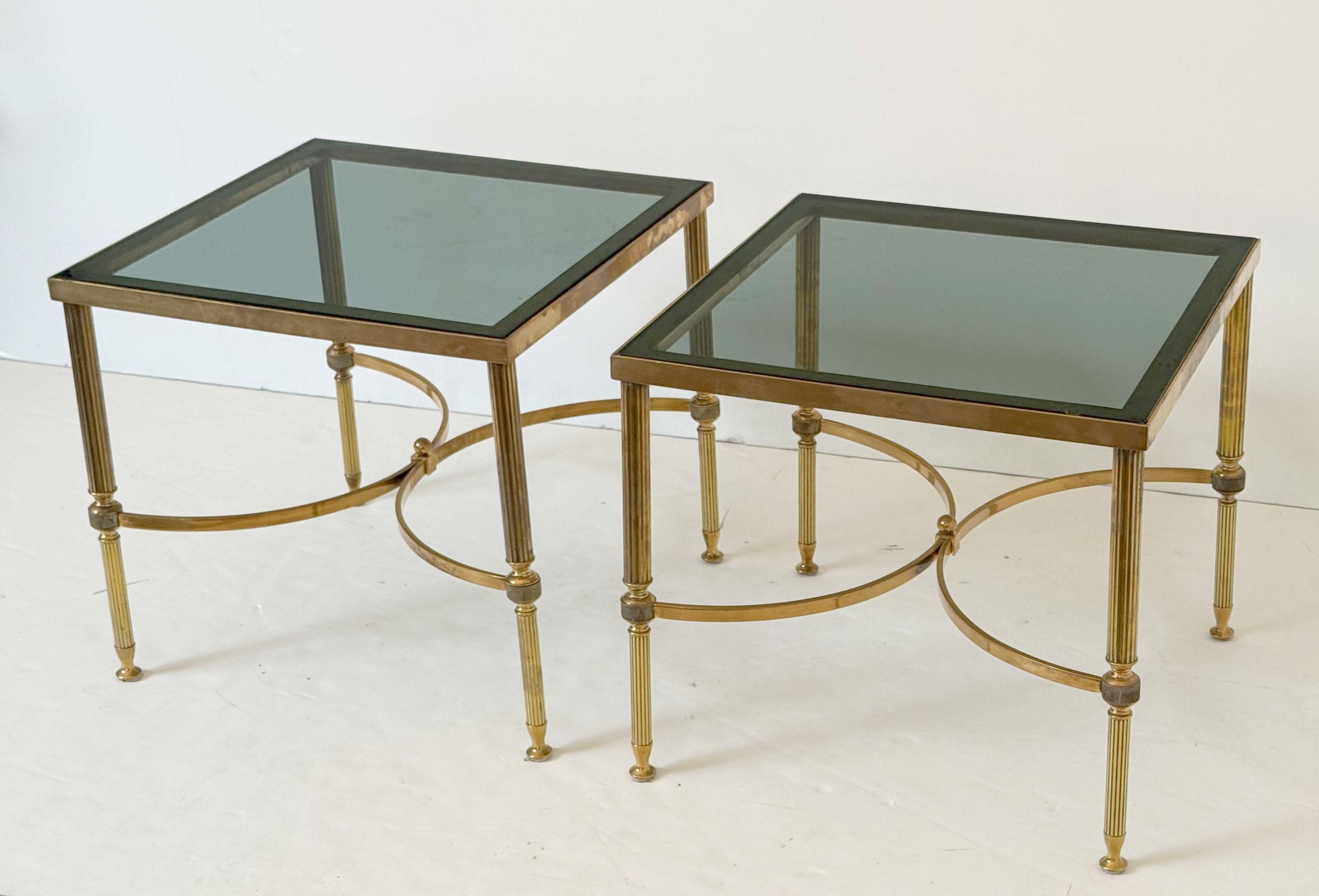 Metal French Modern End Tables of Brass with Smoked Glass Tops 