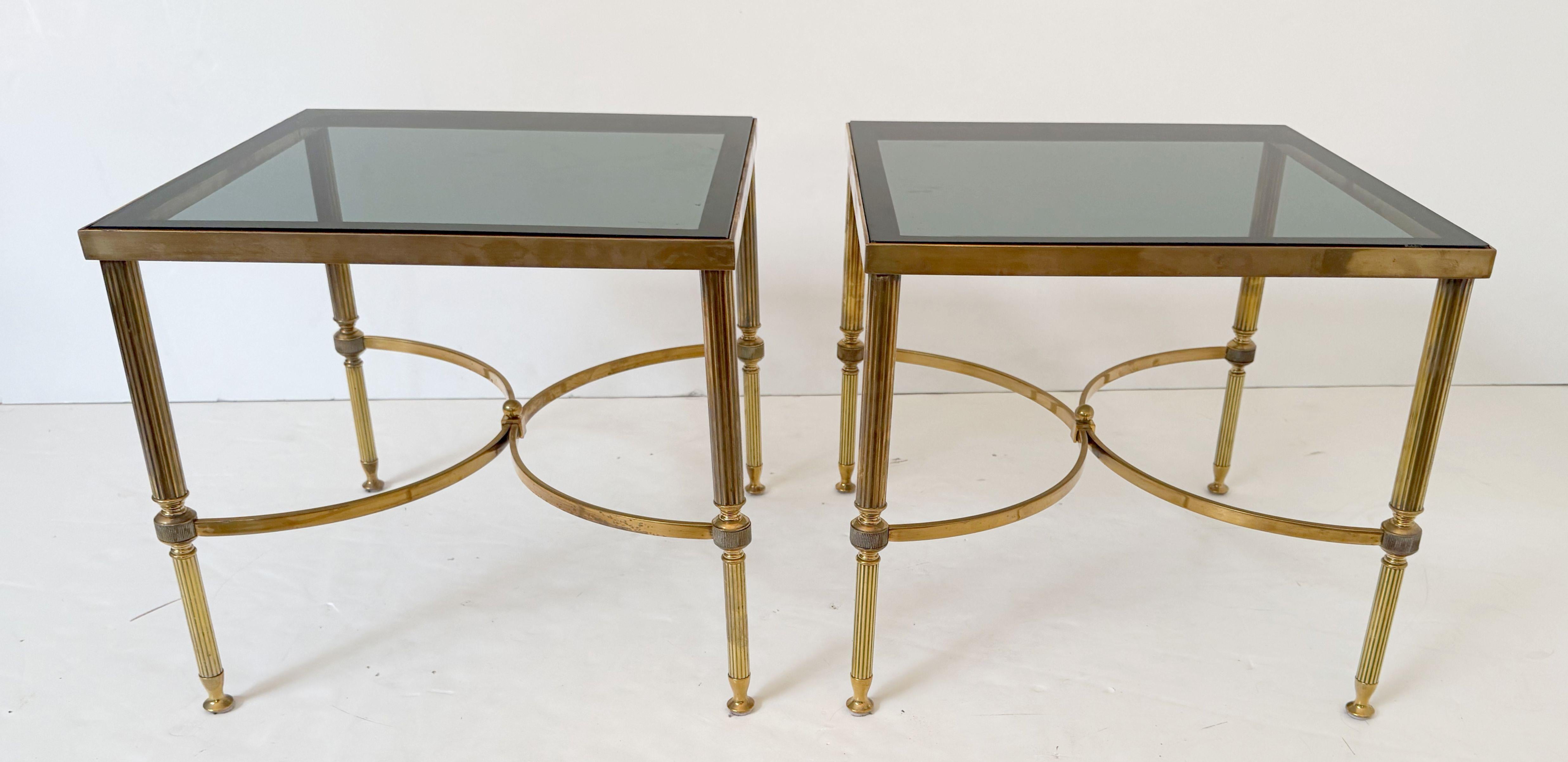 French Modern End Tables of Brass with Smoked Glass Tops 