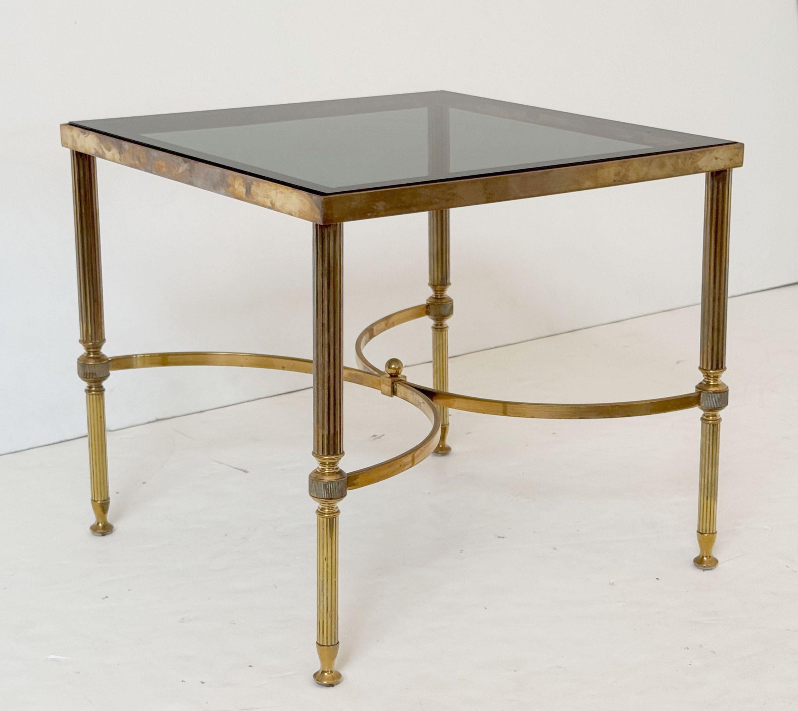 French Modern End Tables of Brass with Smoked Glass Tops 