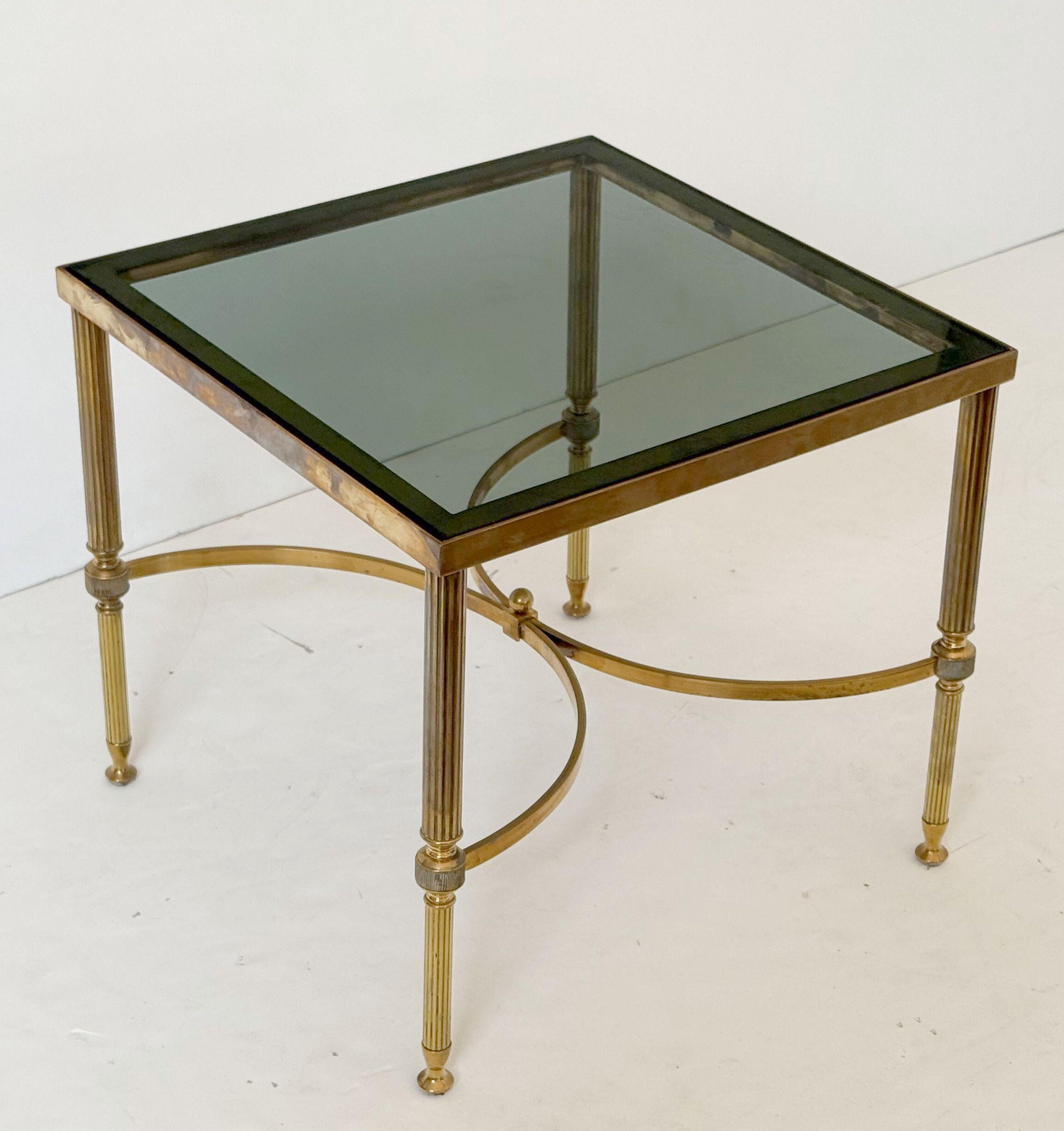 French Modern End Tables of Brass with Smoked Glass Tops 