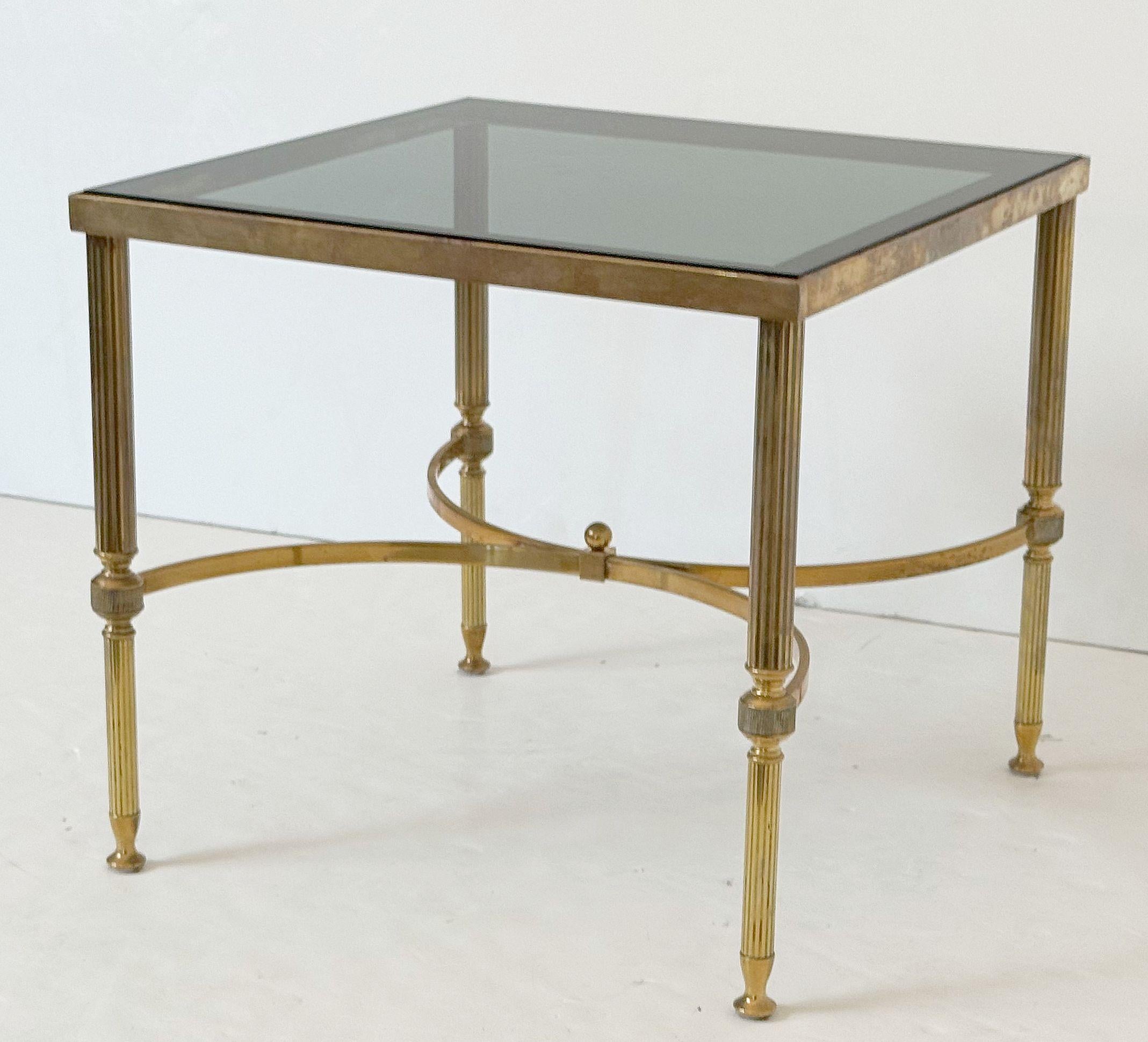 French Modern End Tables of Brass with Smoked Glass Tops 