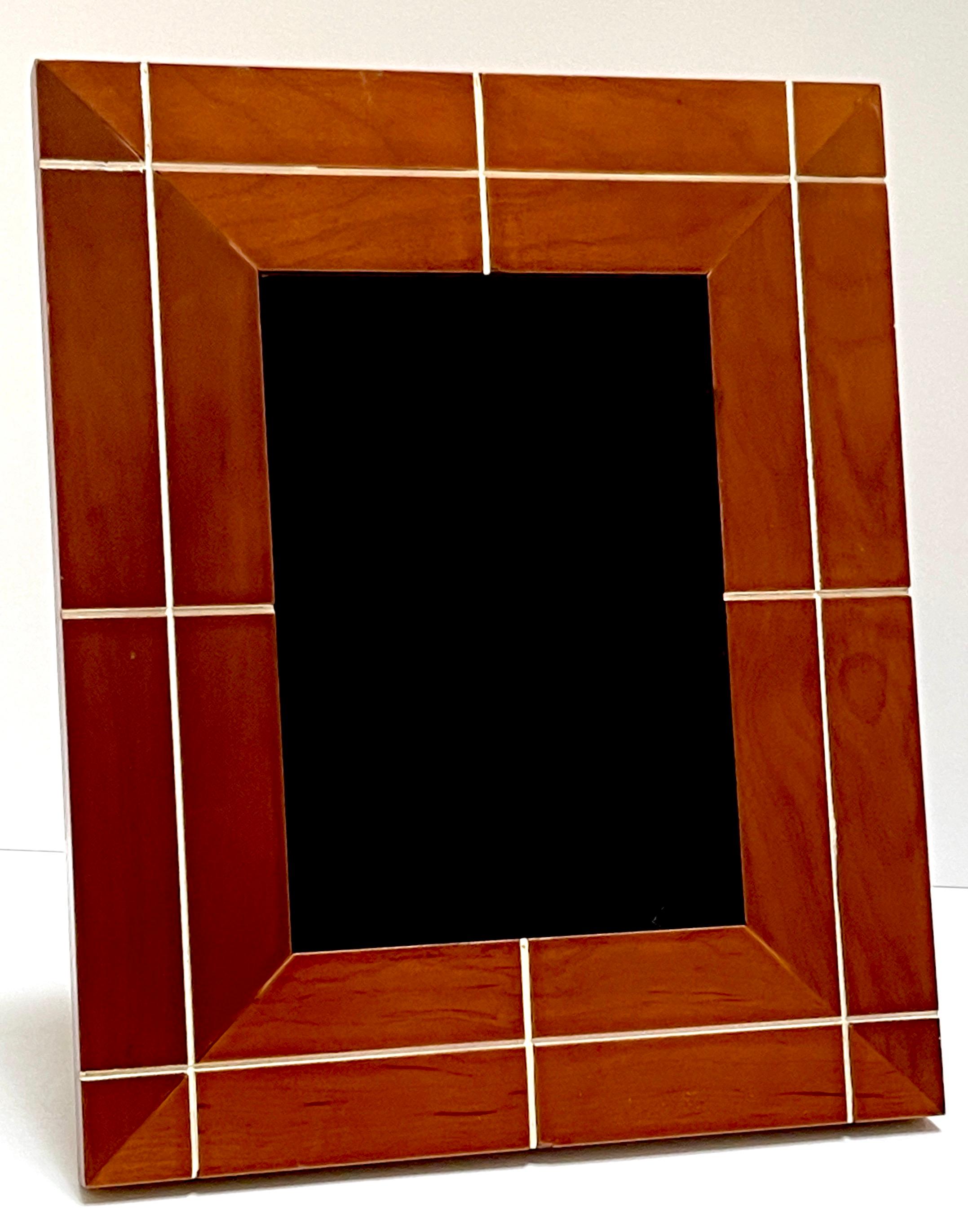 French Modern Engraved Walnut Architectural & White Enamel Grid Pattern Frame  In Good Condition For Sale In West Palm Beach, FL
