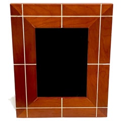 French Modern Engraved Walnut Architectural & White Enamel Grid Pattern Frame 