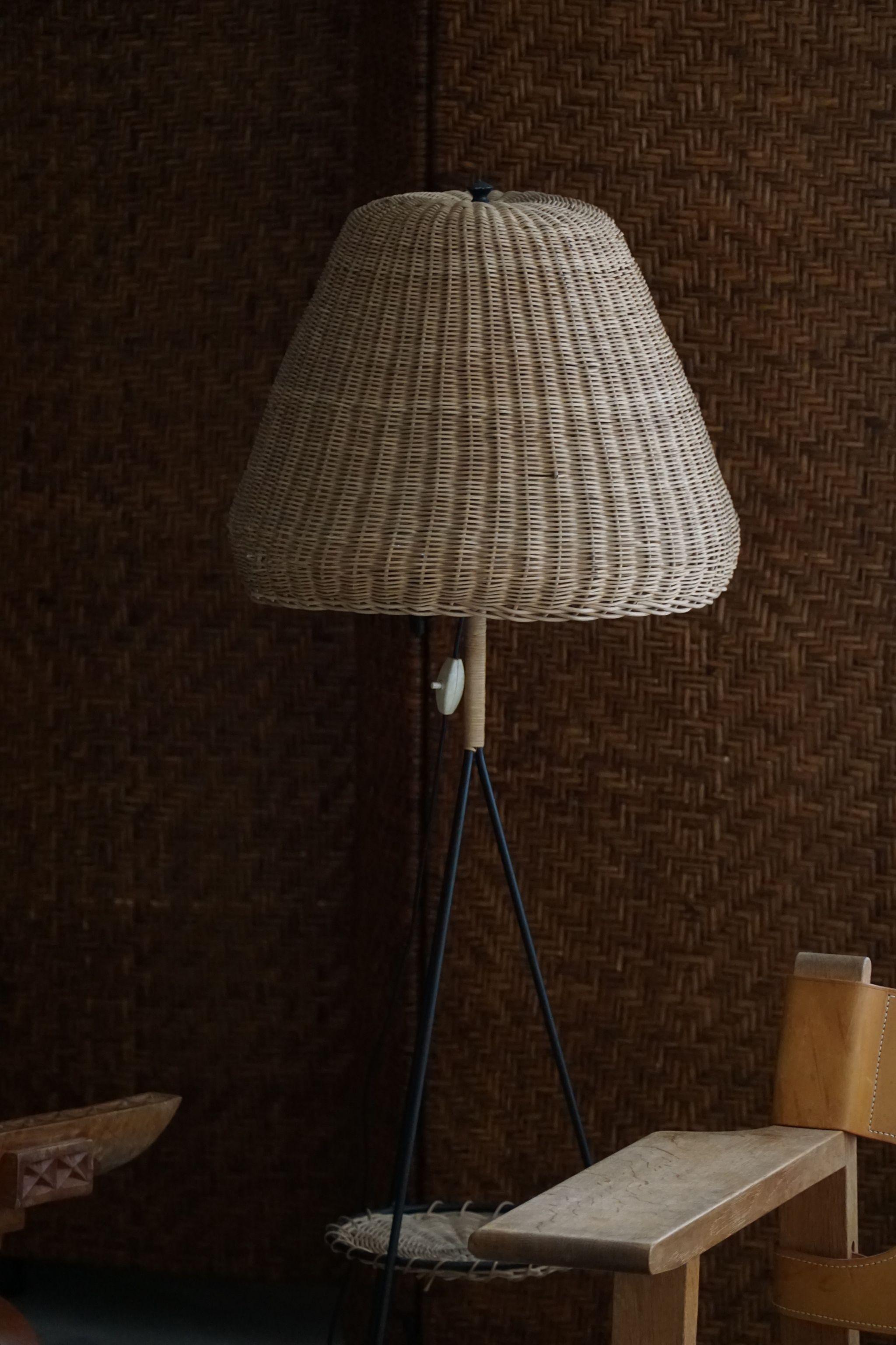 20th Century French Modern, Floor Lamp in Rattan and Steel, Mid Century, 1960s For Sale