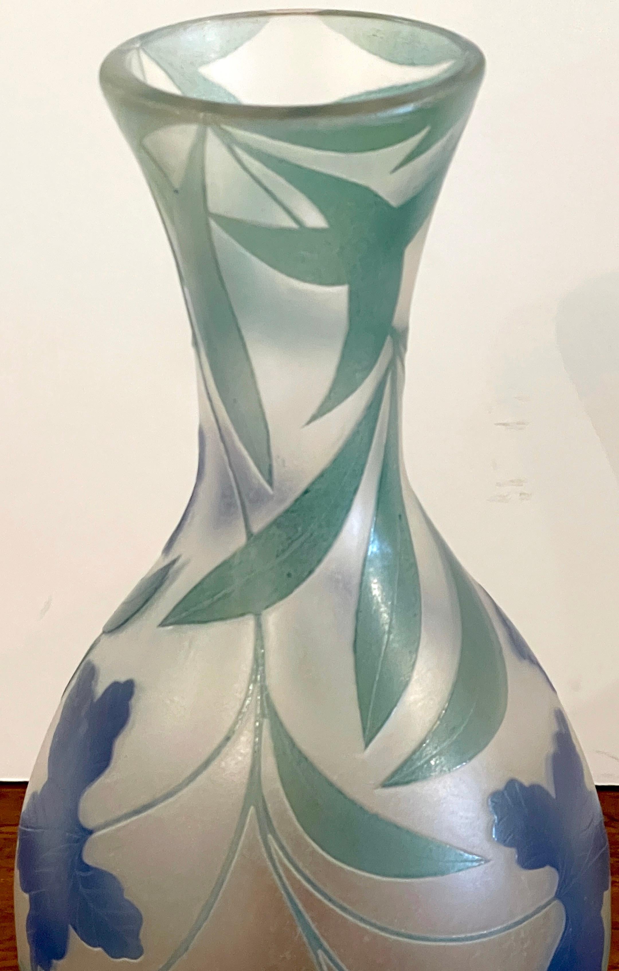 Carved French Modern Floral Cameo Glass Vase, Signed Daum+Nancy France For Sale
