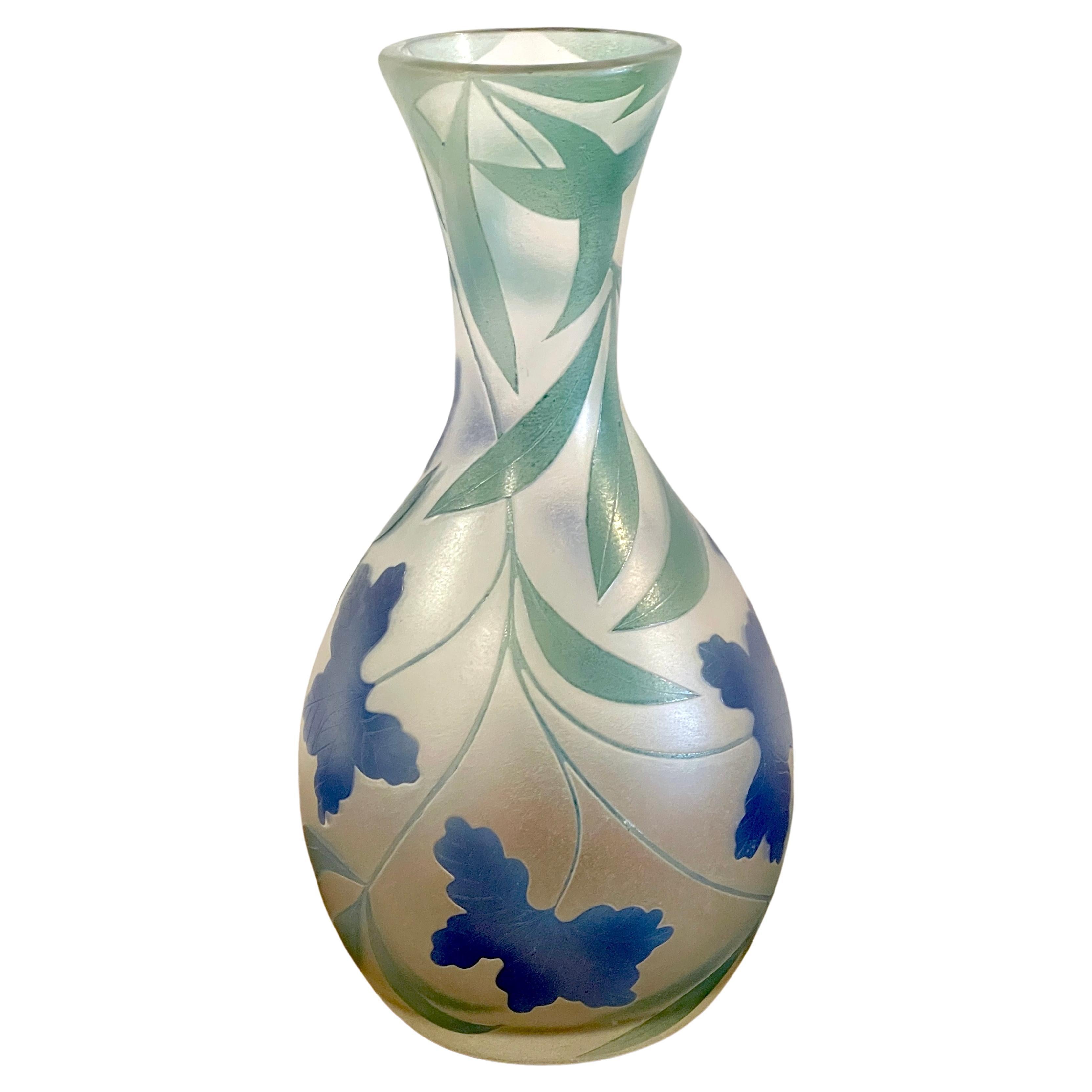 French Modern Floral Cameo Glass Vase, Signed Daum+Nancy France  For Sale