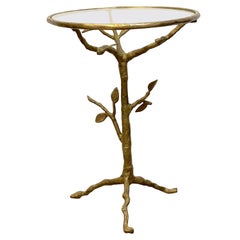 Vintage French Modern Gilt Bronze Faux Bois Side Table