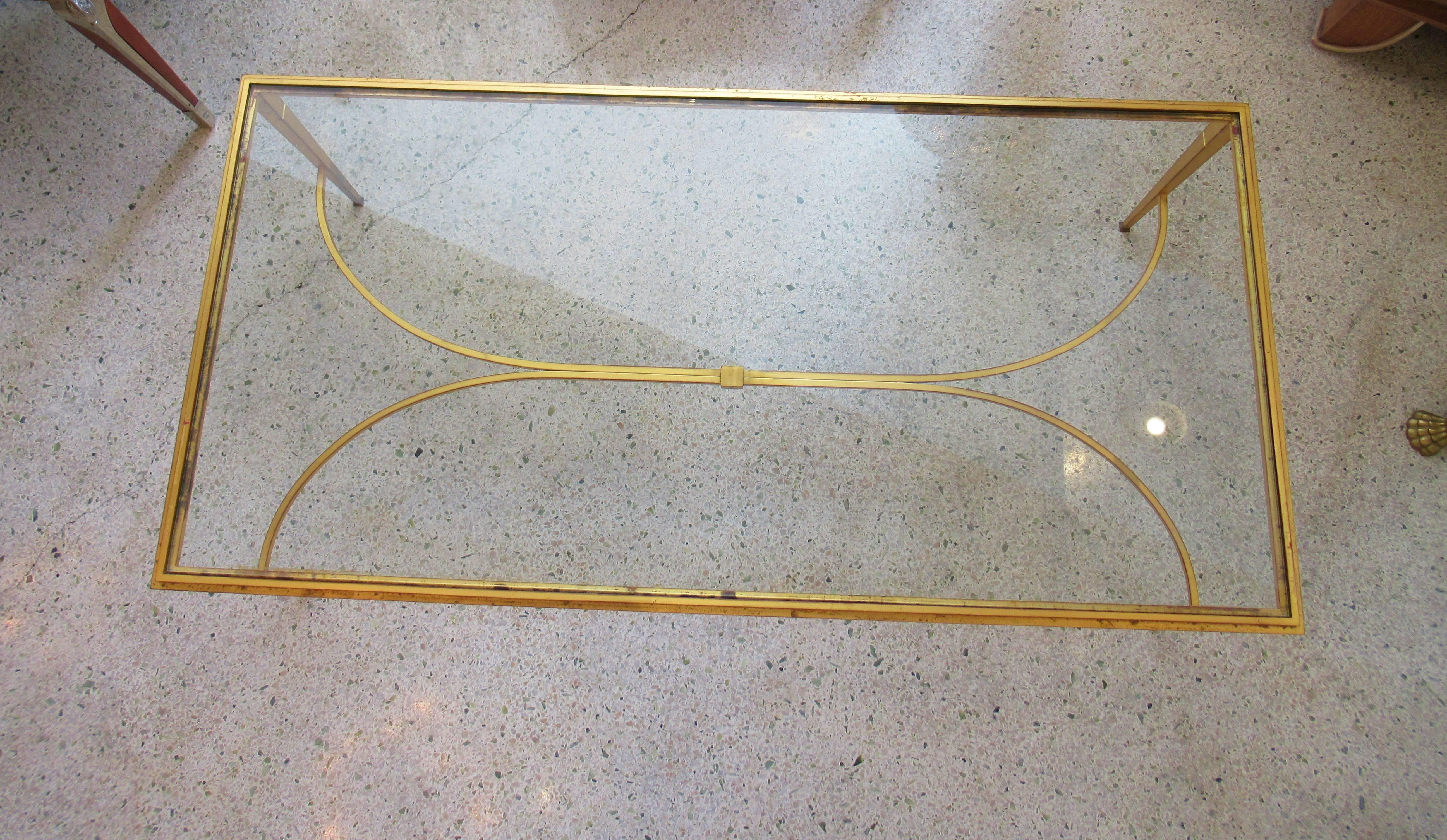 Mid-20th Century French Modern Gilt Iron and Glass Coffee or Low Table, Maison Raphael For Sale