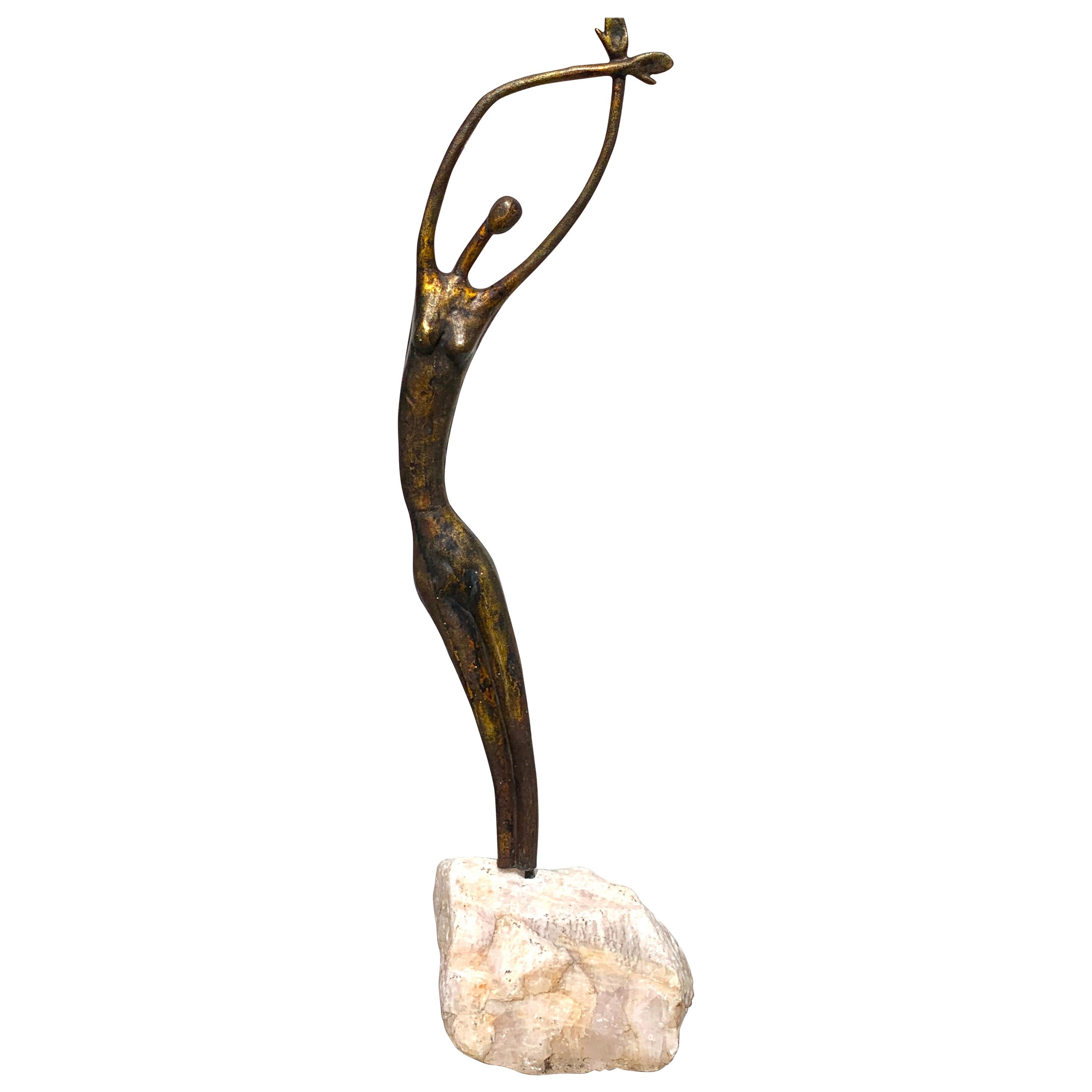 French Modern Gilt Metal Sculpture on Natural Quartz Boulder