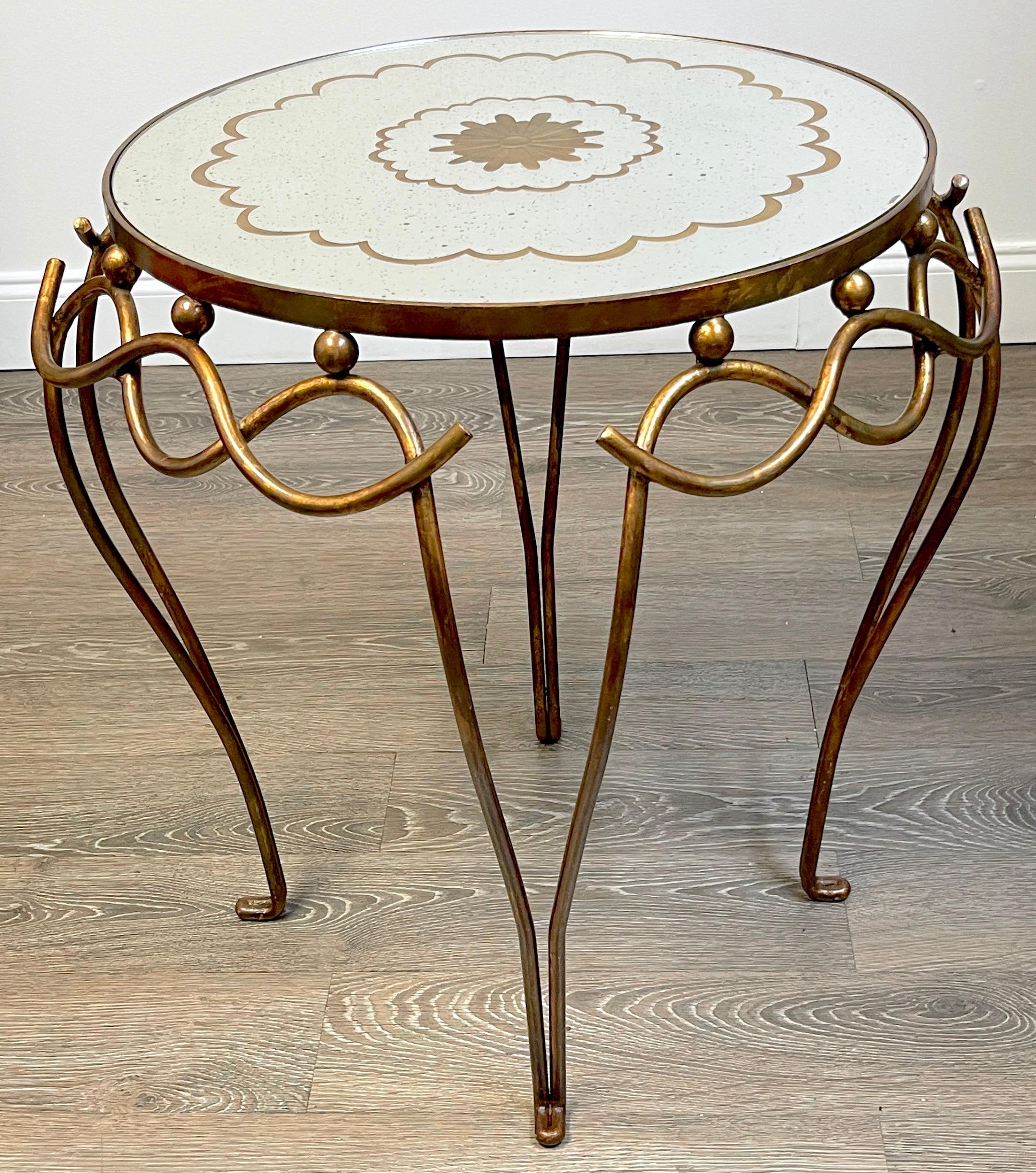 French Modern Gilt & Patinated Verre Églomisé Side Table, Style of René Drouet In Good Condition For Sale In West Palm Beach, FL
