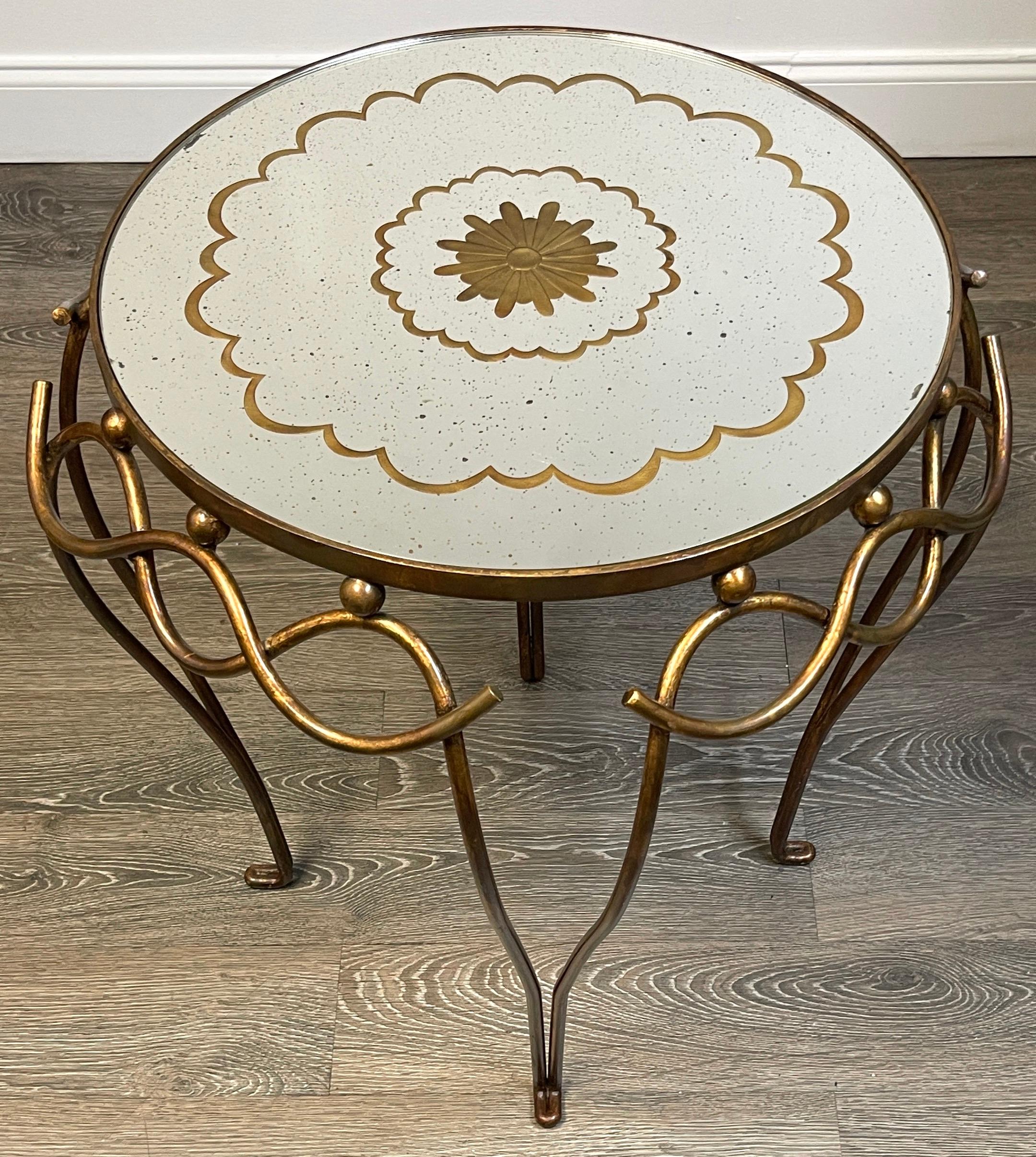 French Modern Gilt & Patinated Verre Églomisé Side Table, Style of René Drouet For Sale 3
