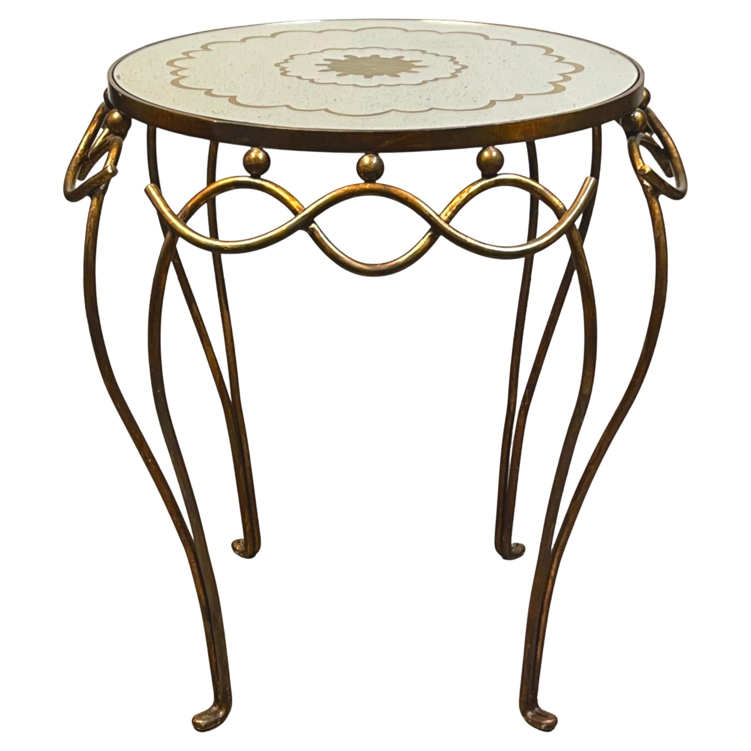 French Modern Gilt & Patinated Verre Églomisé Side Table, Style of René Drouet For Sale