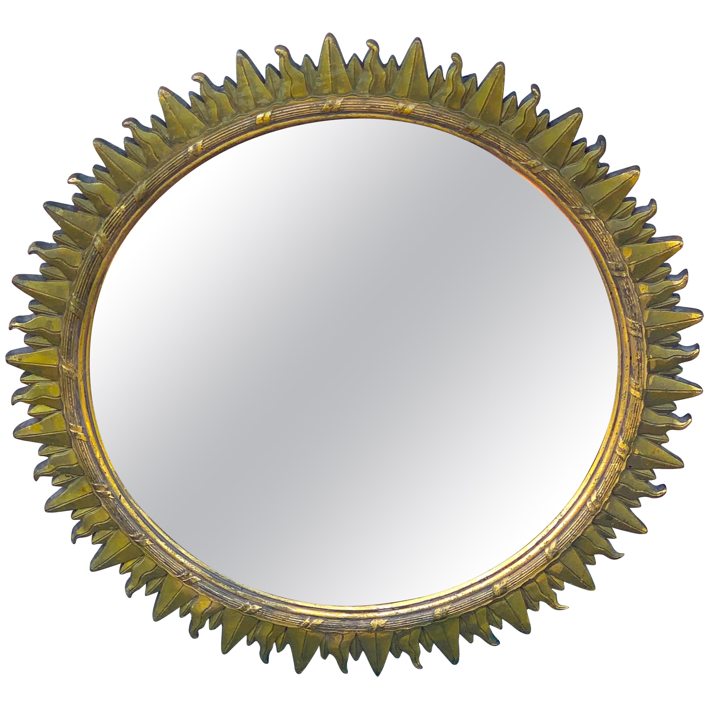 Miroir moderne français en bois doré Sunburst