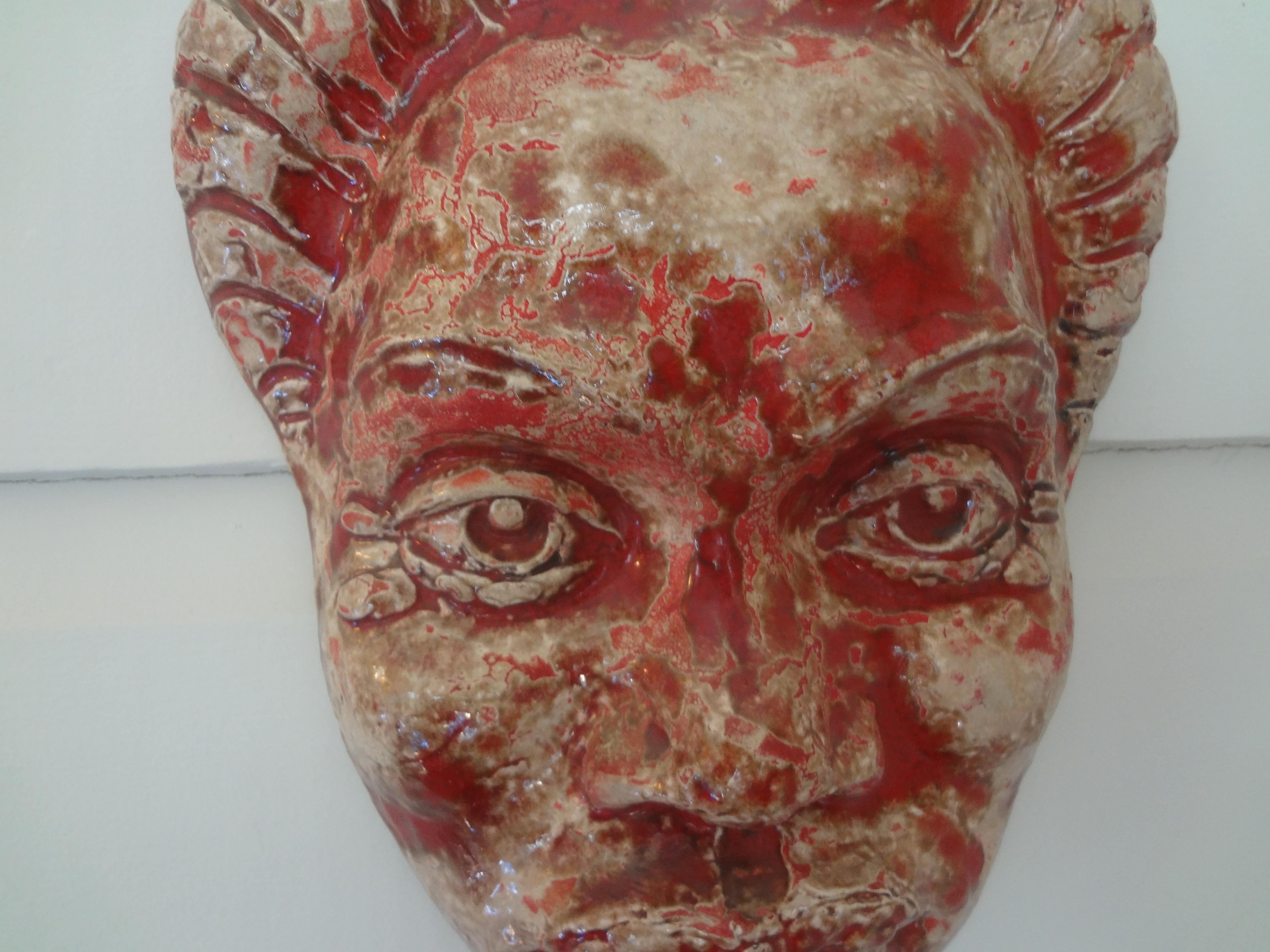 Tribal French Modern Glazed Terracotta Face Mask Sculpture For Sale