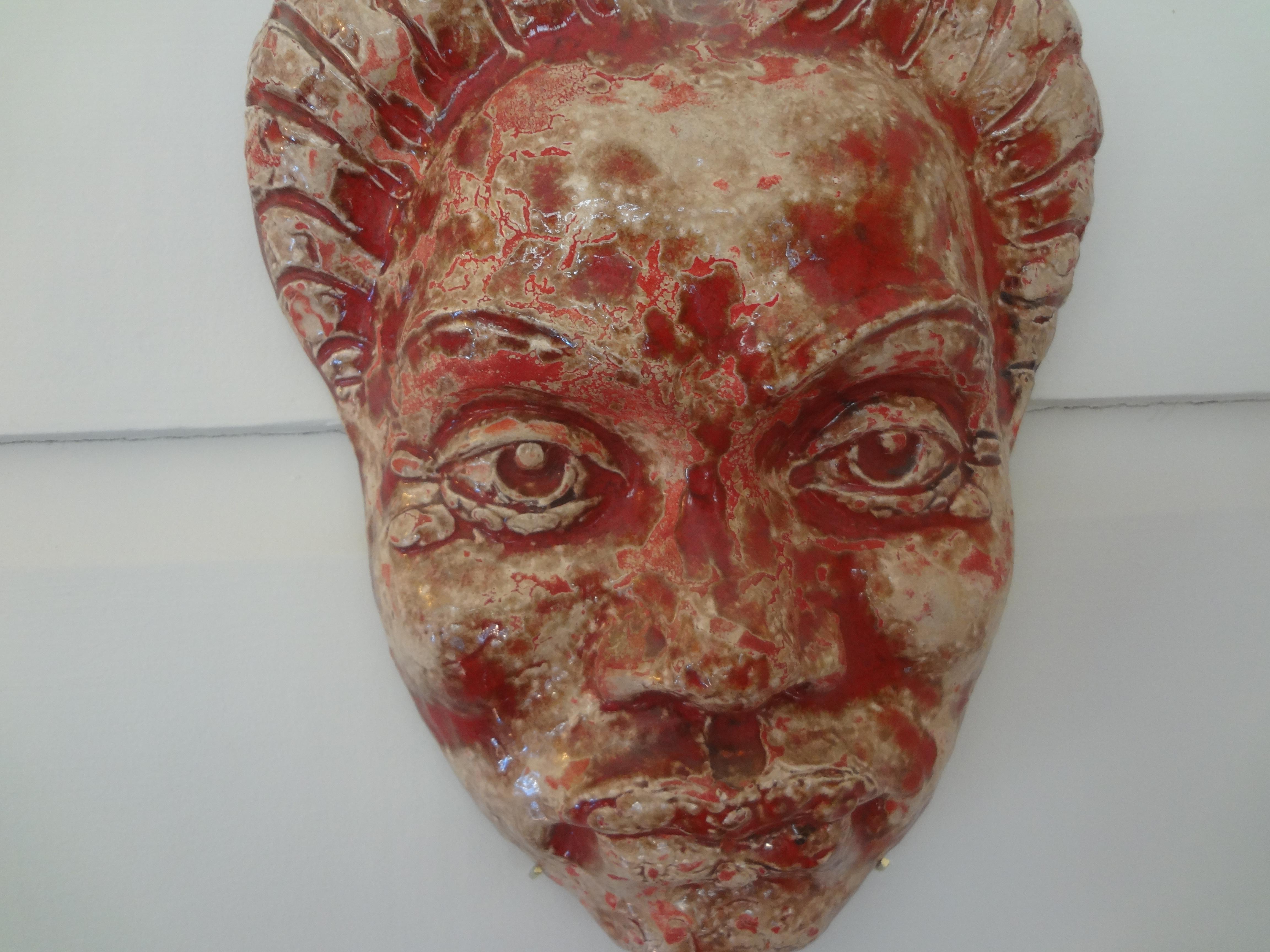 20th Century French Modern Glazed Terracotta Face Mask Sculpture For Sale