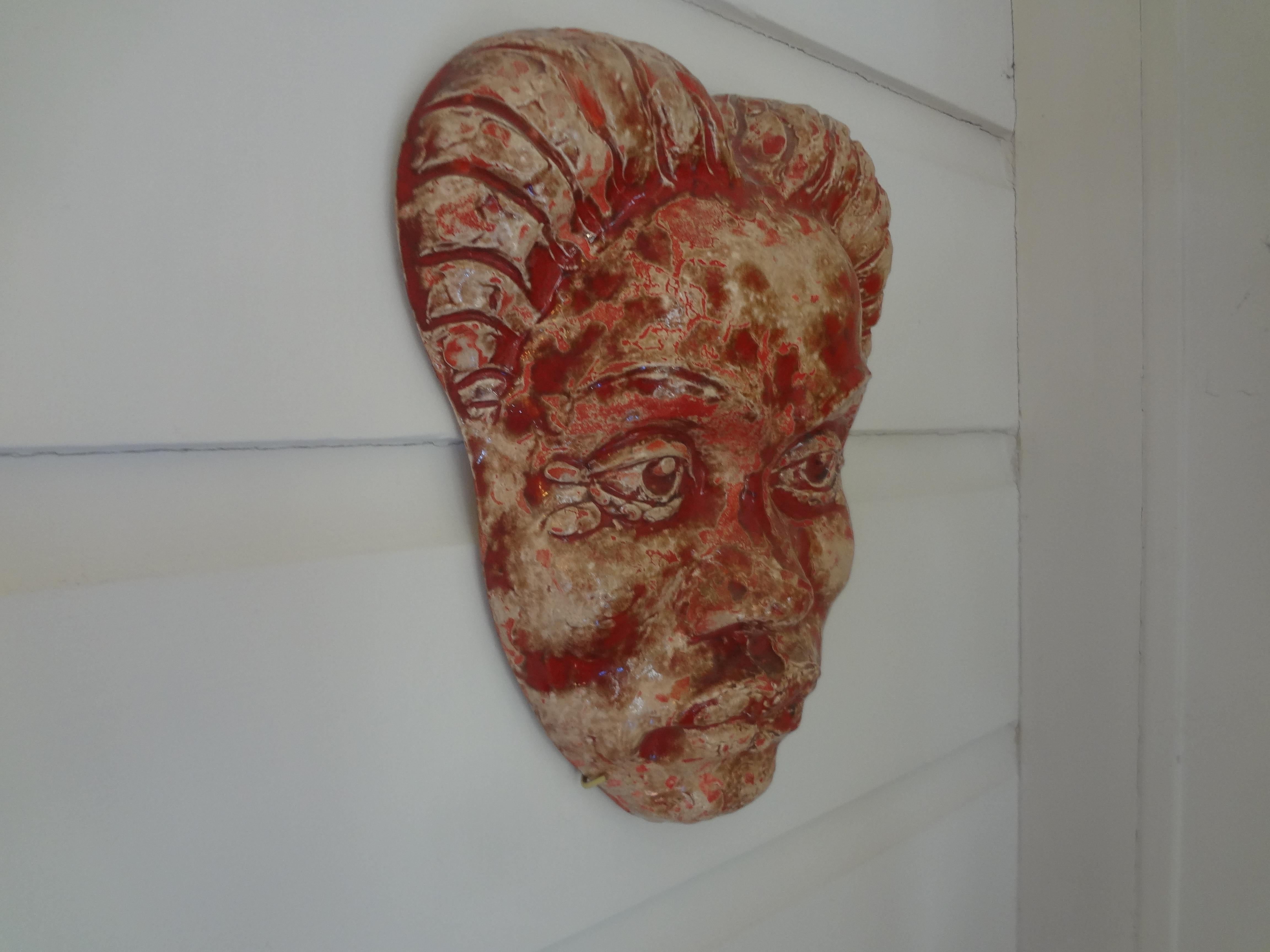 French Modern Glazed Terracotta Face Mask Sculpture For Sale 1