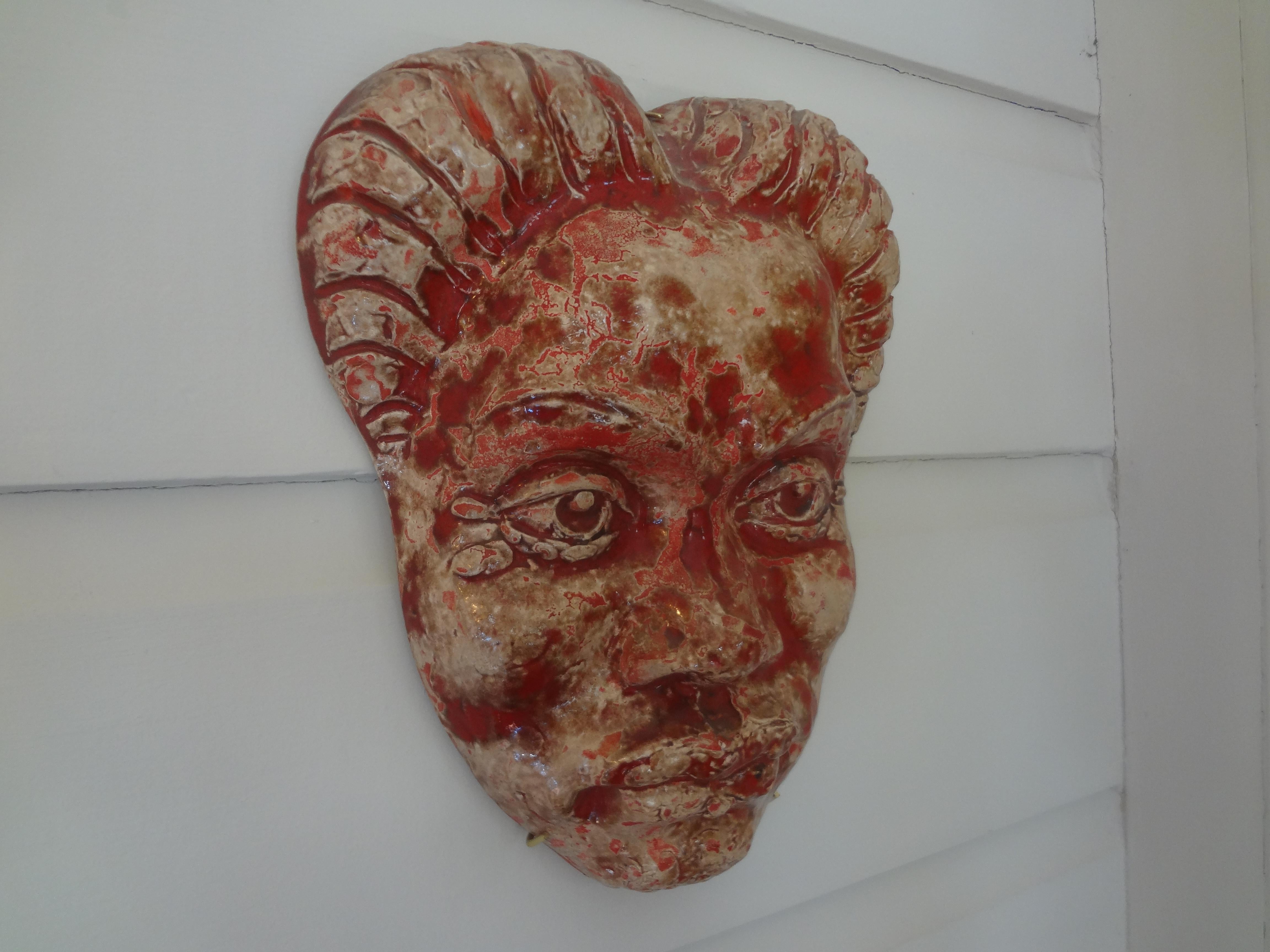 French Modern Glazed Terracotta Face Mask Sculpture For Sale 2