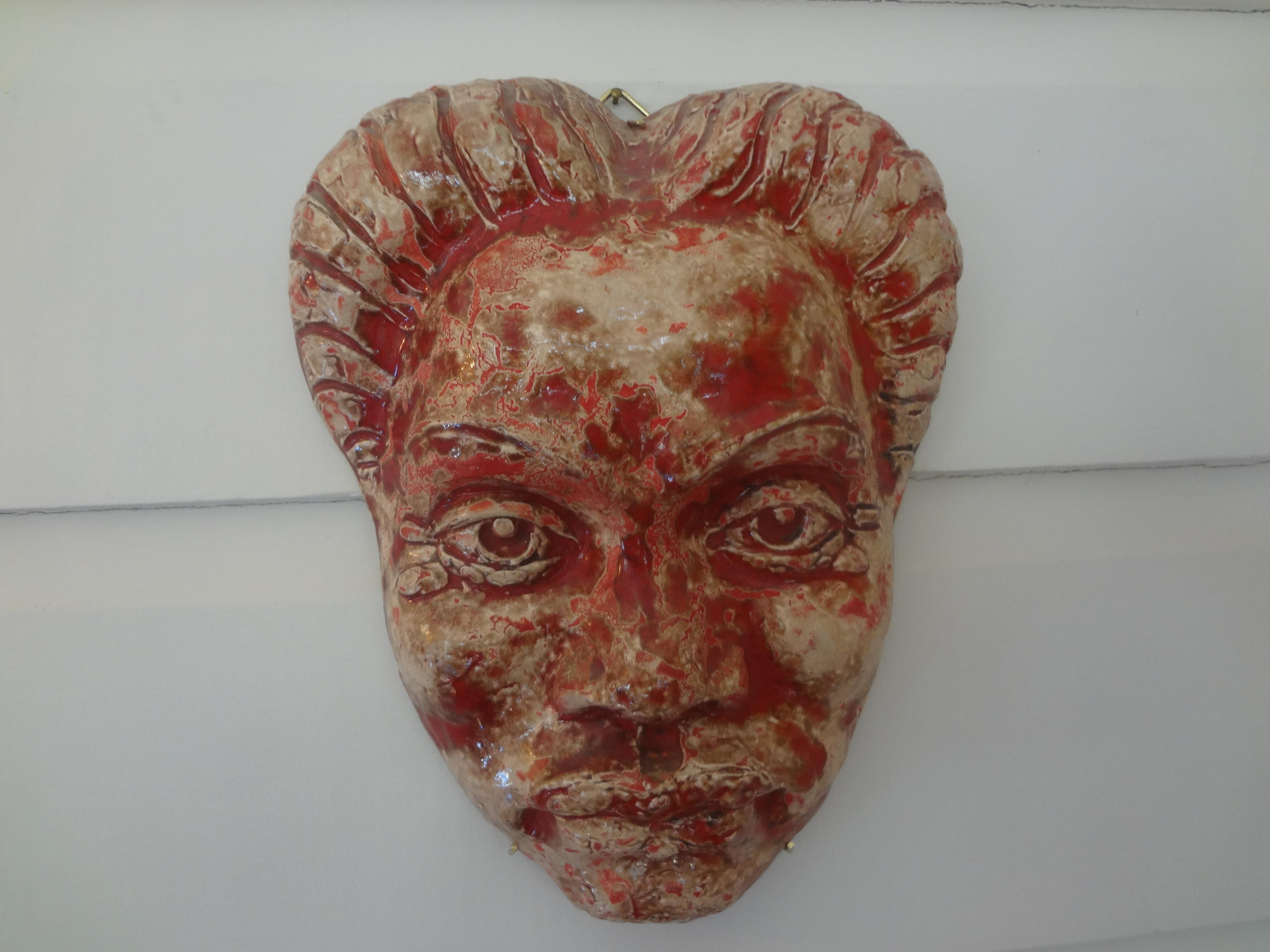 French Modern Glazed Terracotta Face Mask Sculpture For Sale 3