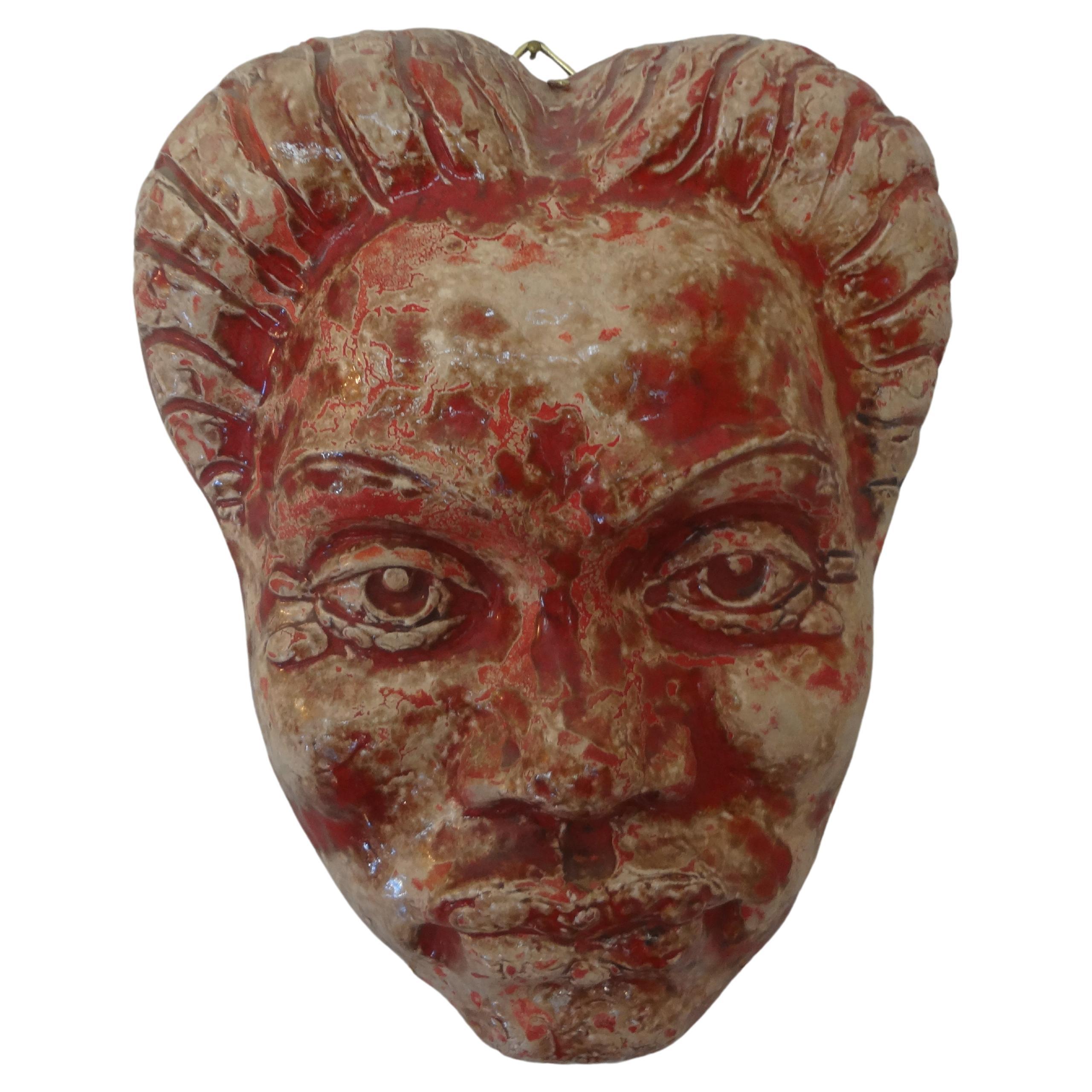 French Modern Glazed Terracotta Face Mask Sculpture