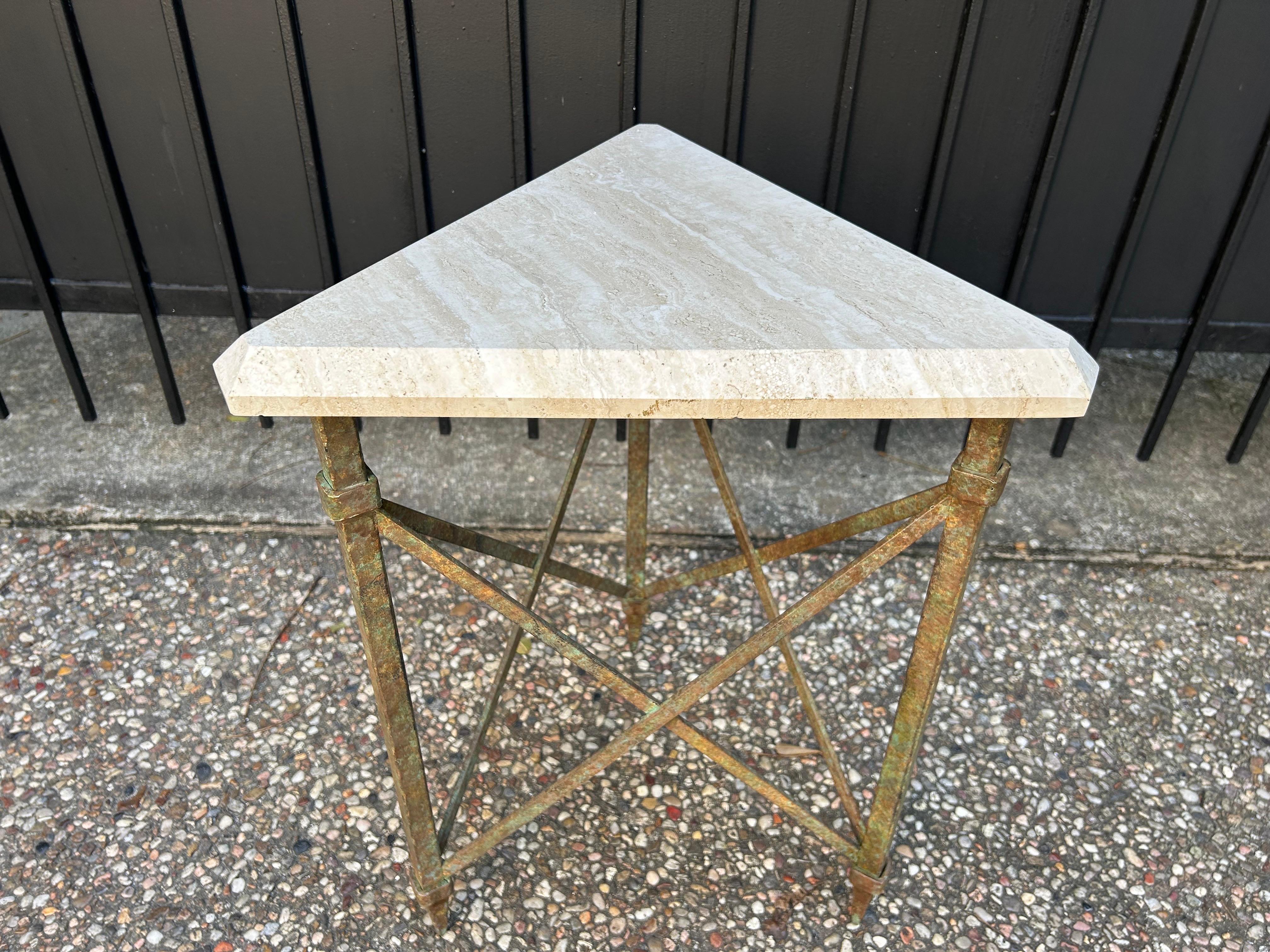 French Modern Iron And Travertine Table Inspired By Gilbert Poillerat For Sale 5