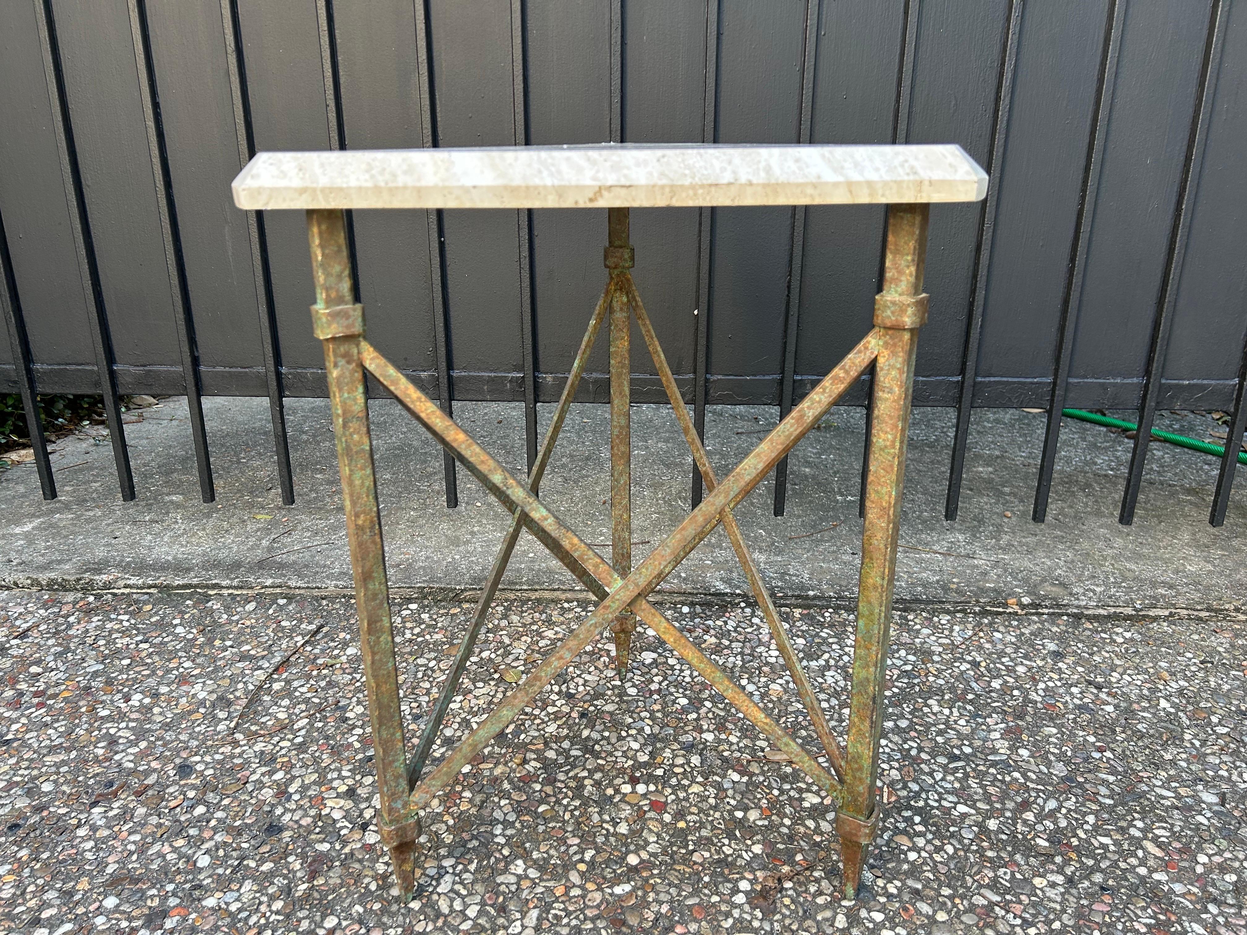 French Modern Iron And Travertine Table Inspired By Gilbert Poillerat For Sale 6
