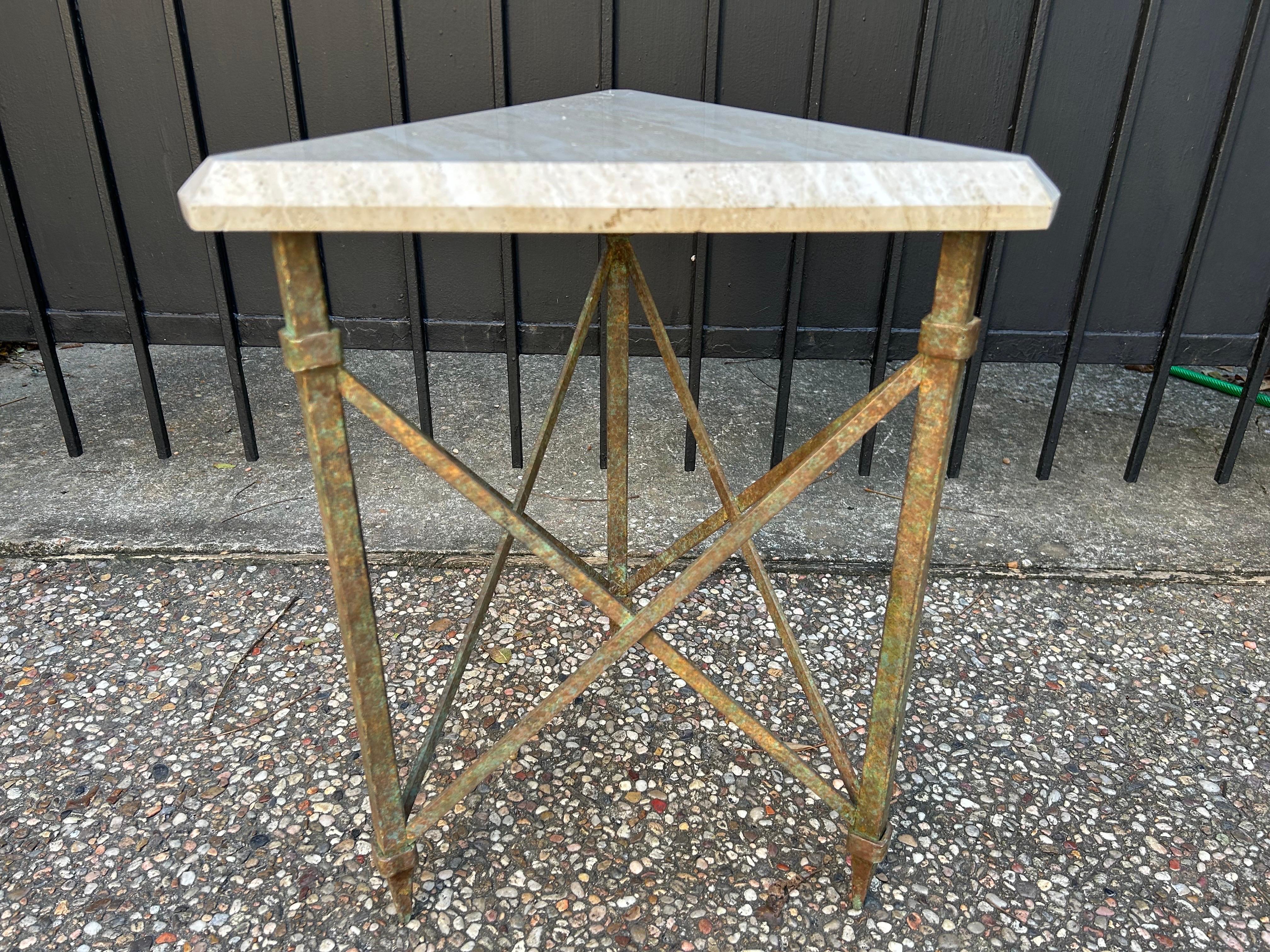 French Modern Iron And Travertine Table Inspired By Gilbert Poillerat For Sale 4