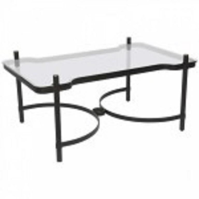 Mesa baja moderna francesa de hierro, latón y cristal, Jacques Adnet Moderno de mediados de siglo en venta