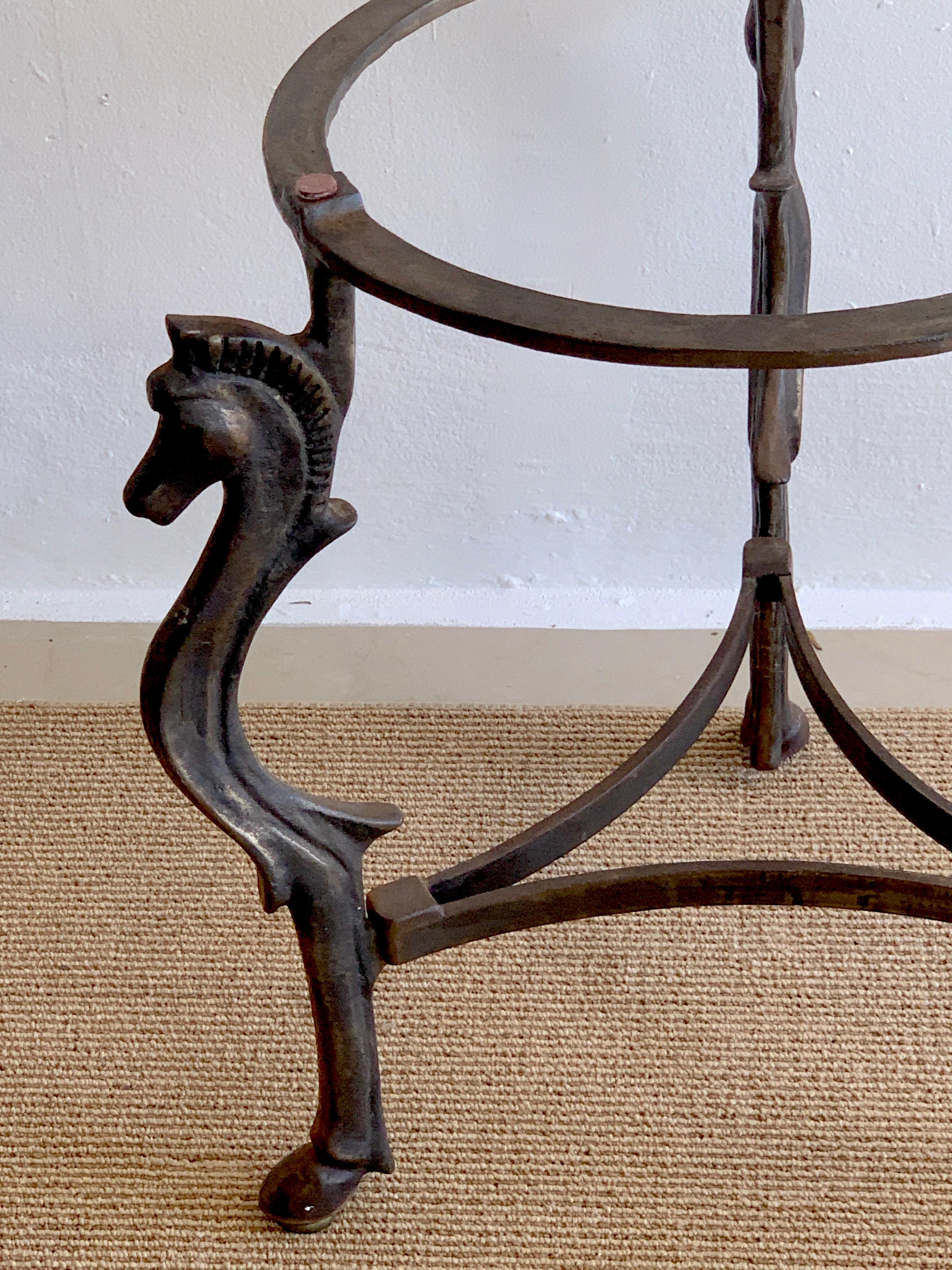 Glass French Modern Iron horse Motif Side/End Table, circa 1960