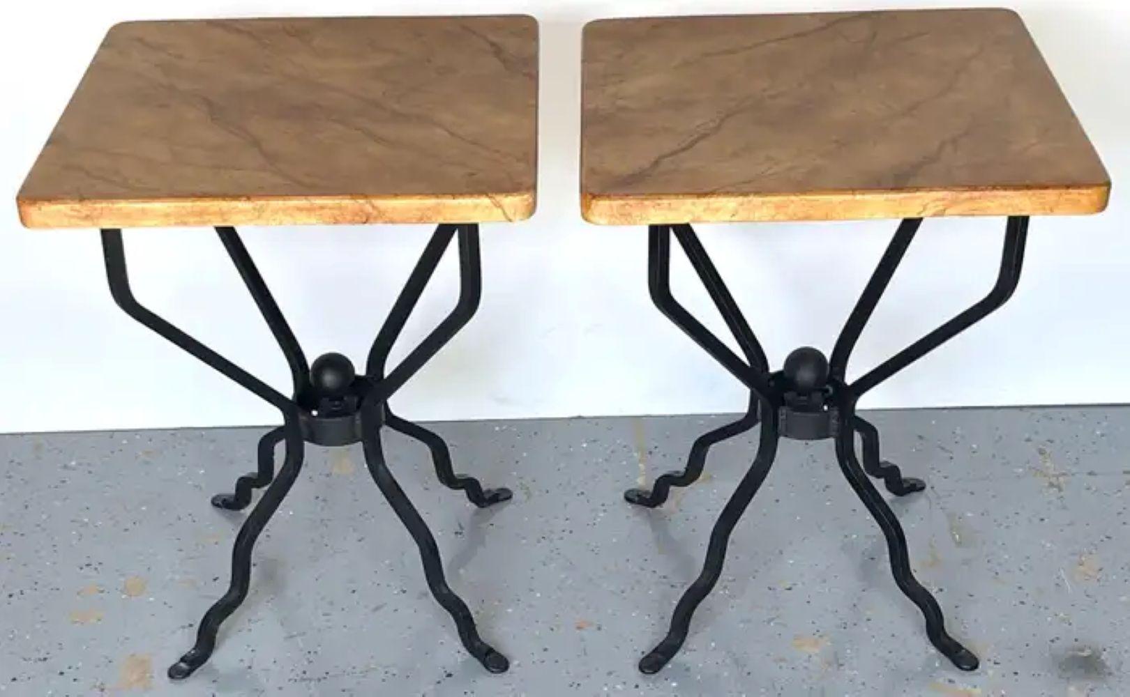 Forged French Modern Iron & Marbleized Wood  End Table For Sale