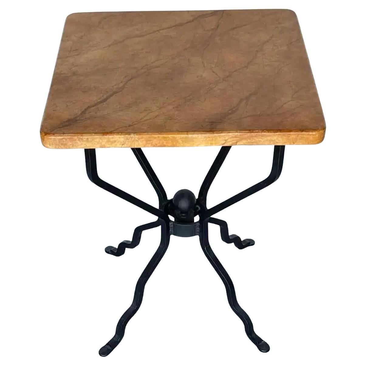French Modern Iron & Marbleized Wood  End Table For Sale
