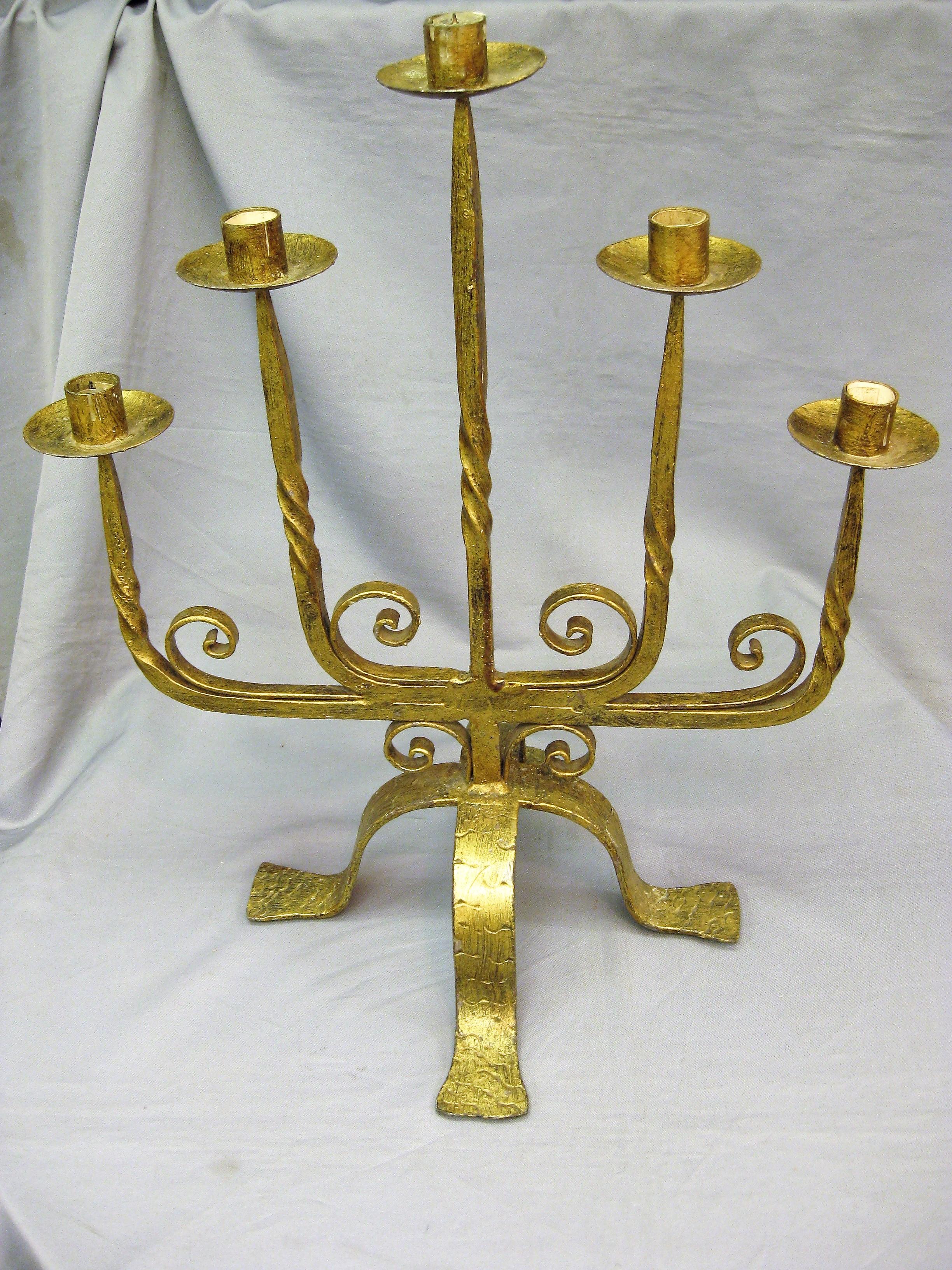 Mid-20th Century French 1940's large gilt iron five arm candelabra  For Sale
