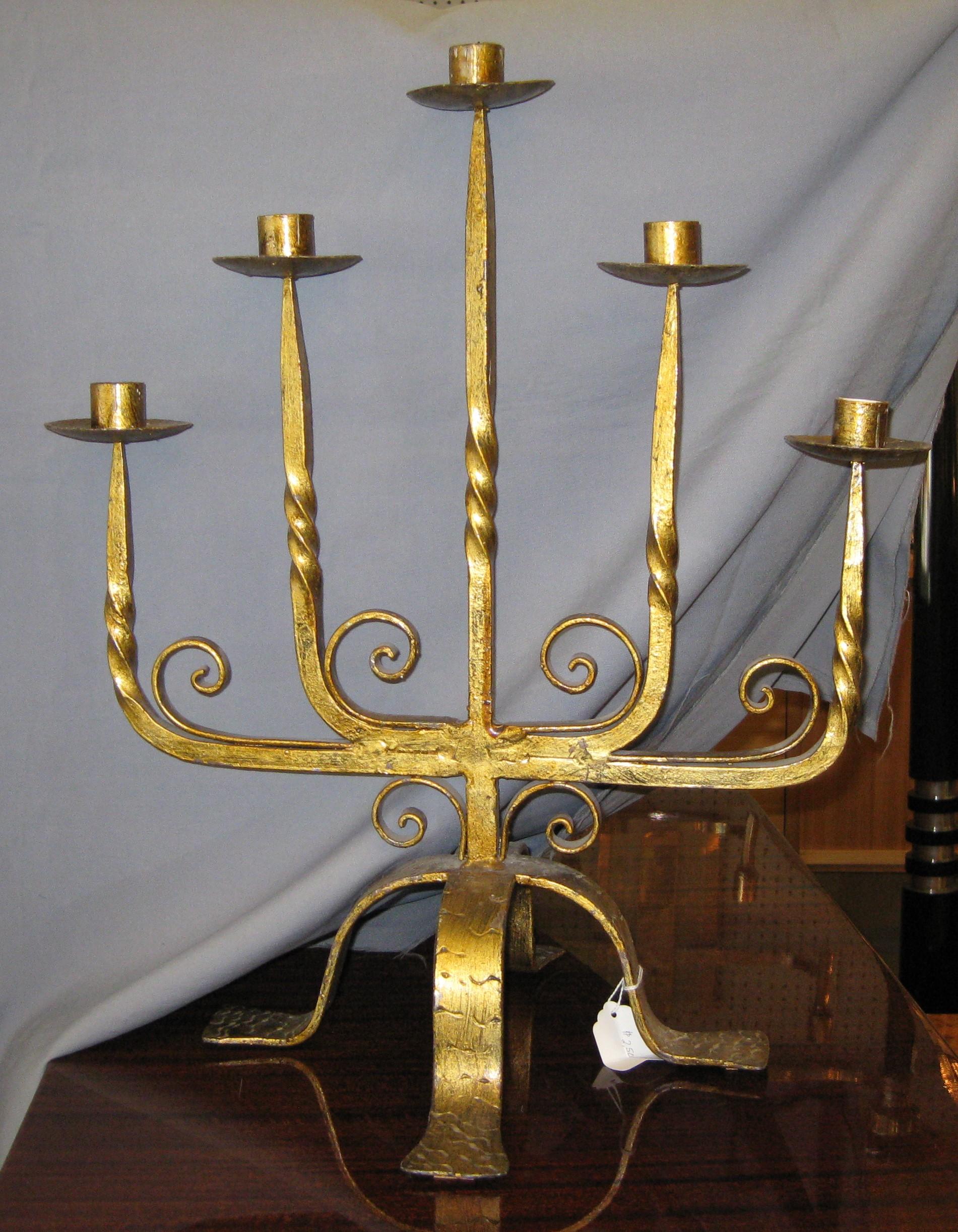 French 1940's large gilt iron five arm candelabra  For Sale 1