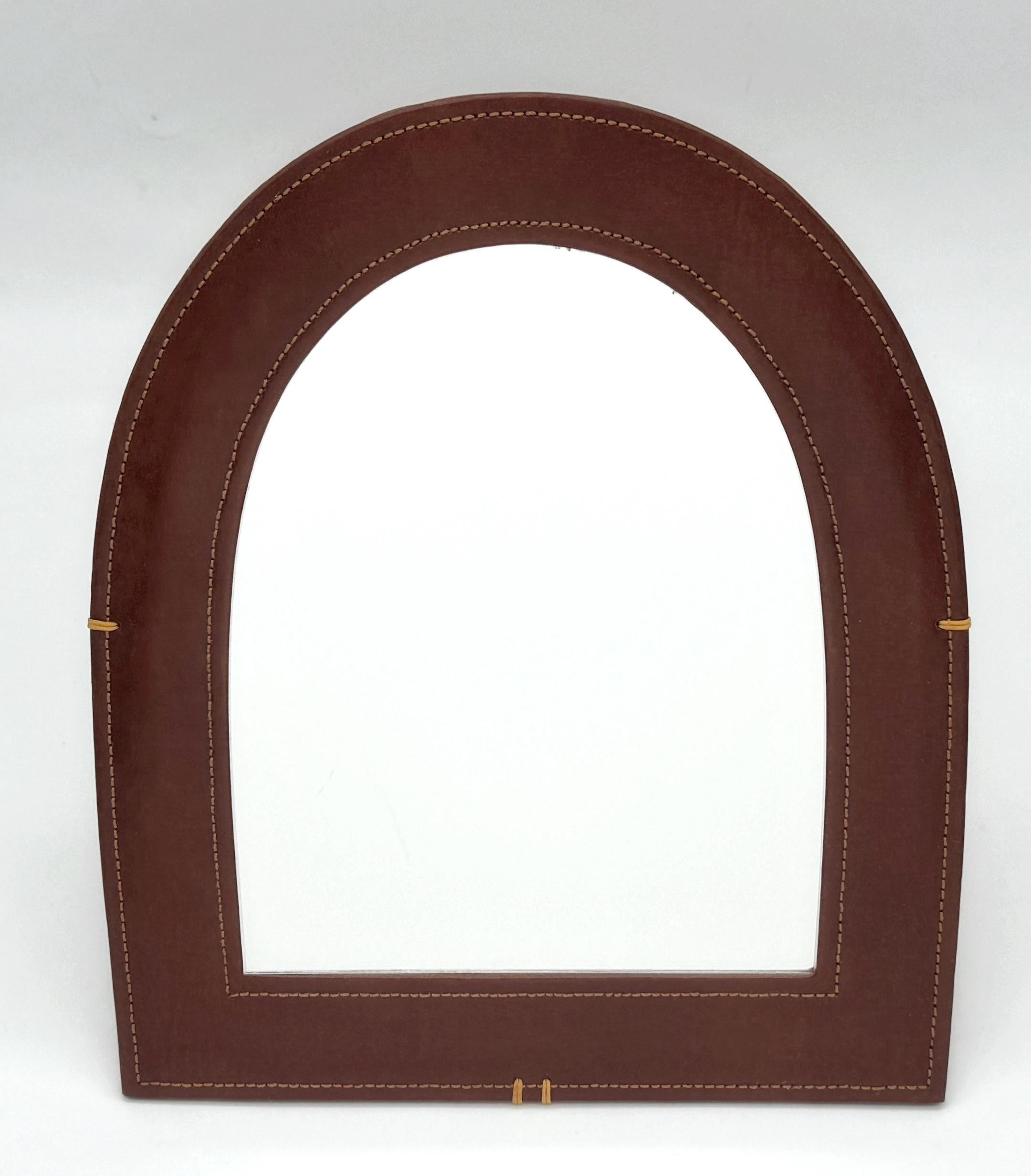 20th Century French Modern Leather-Wrapped Arched Tabletop Mirror, Style of Jacques Adnet For Sale