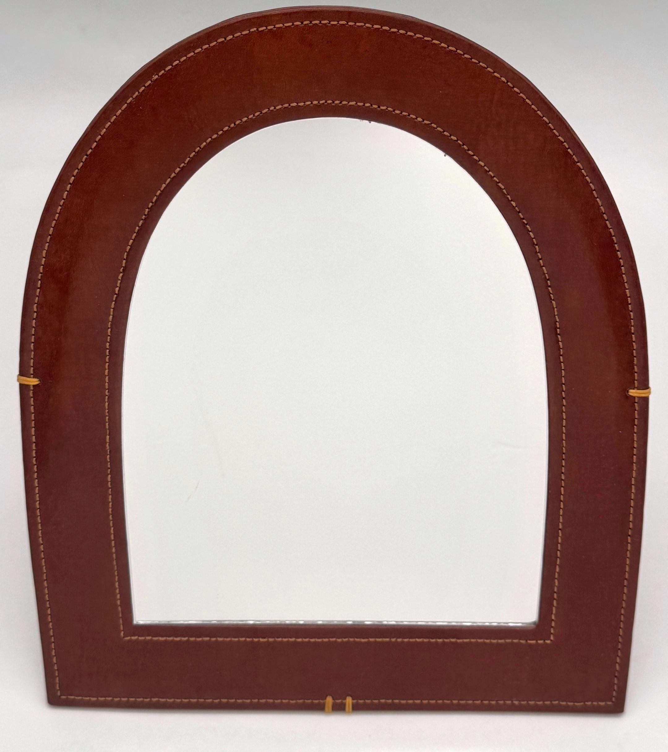 French Modern Leather-Wrapped Arched Tabletop Mirror, Style of Jacques Adnet For Sale 2