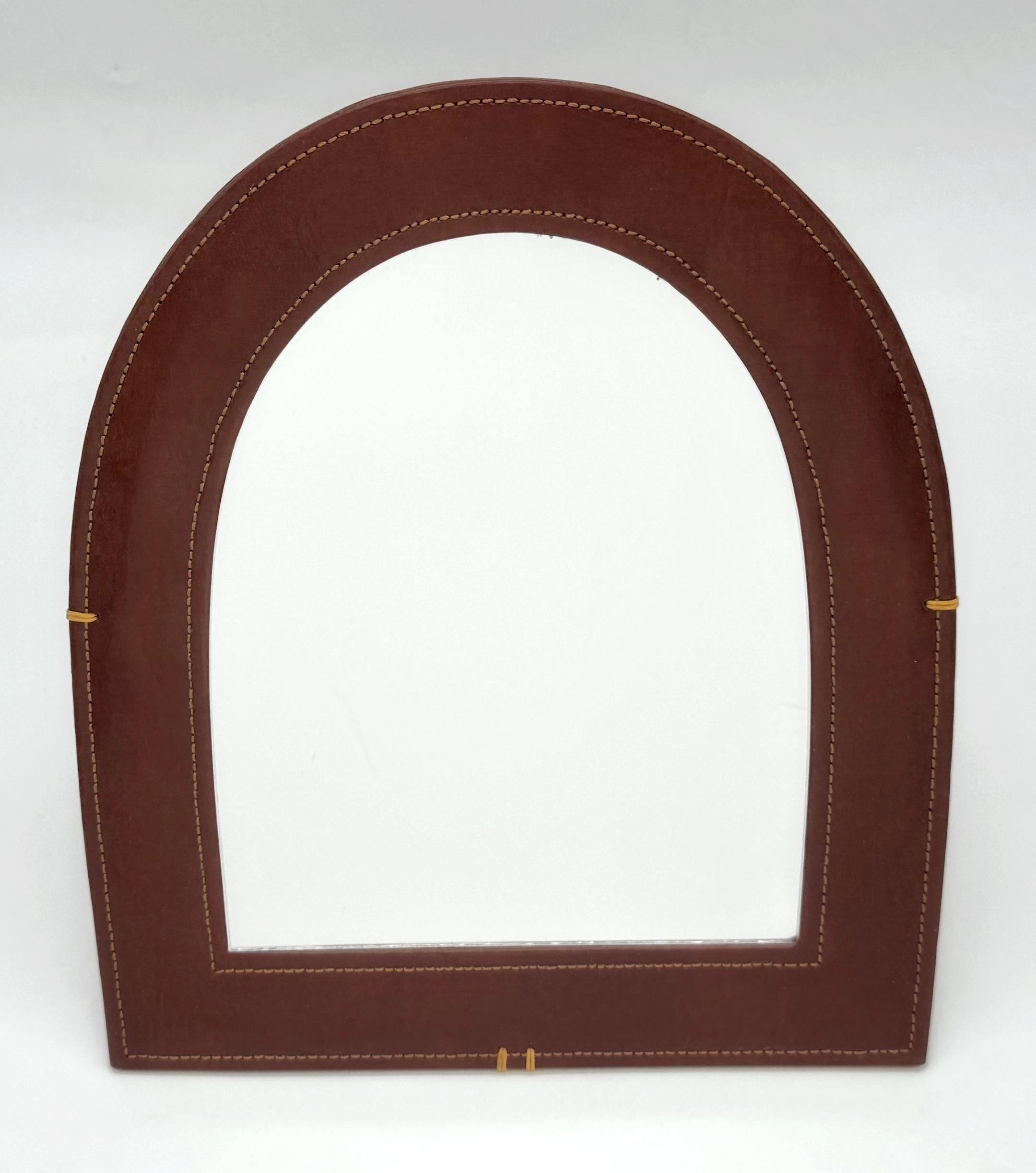 French Modern Leather-Wrapped Arched Tabletop Mirror, Style of Jacques Adnet For Sale 4