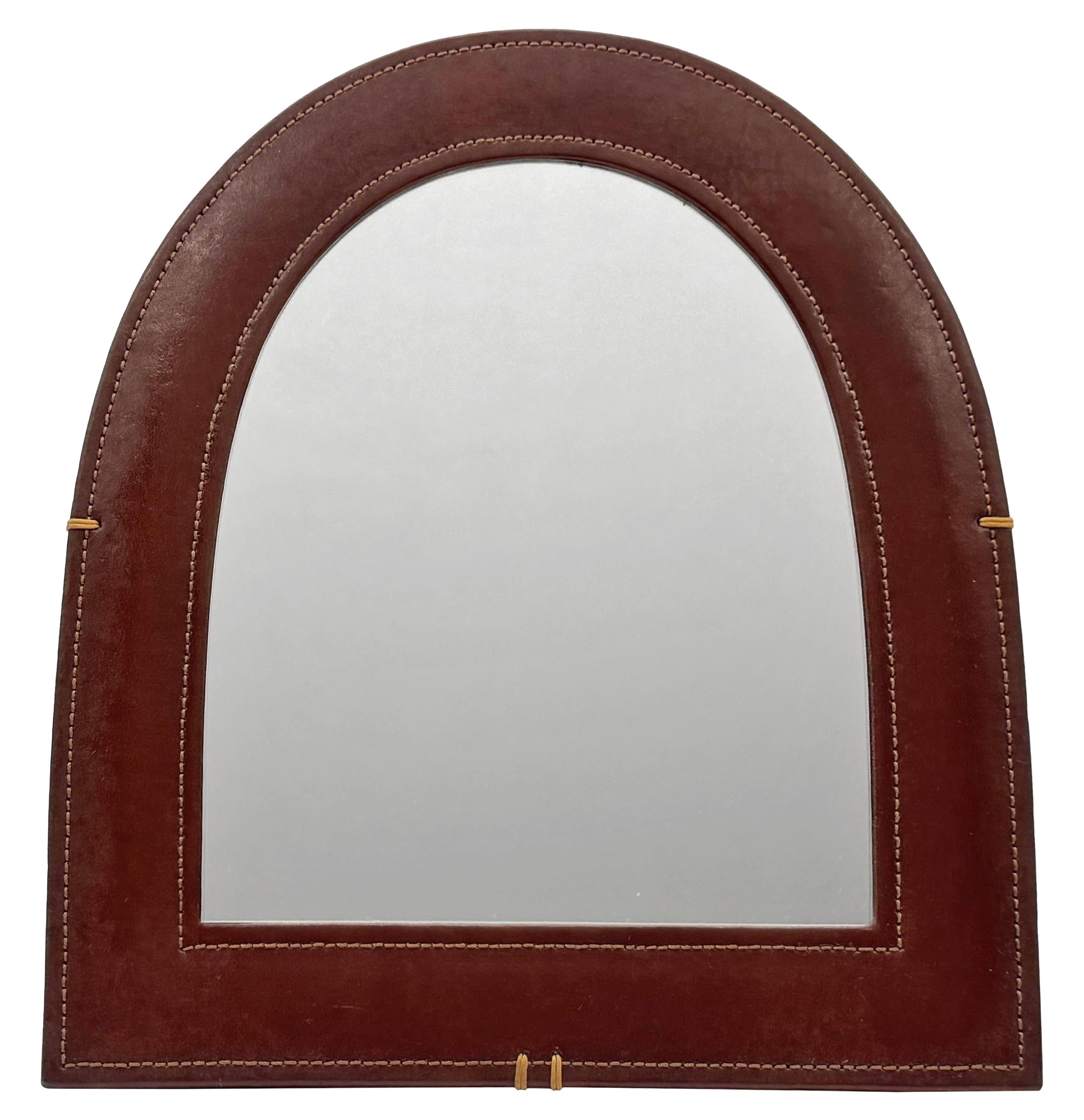 French Modern Leather-Wrapped Arched Tabletop Mirror, Style of Jacques Adnet