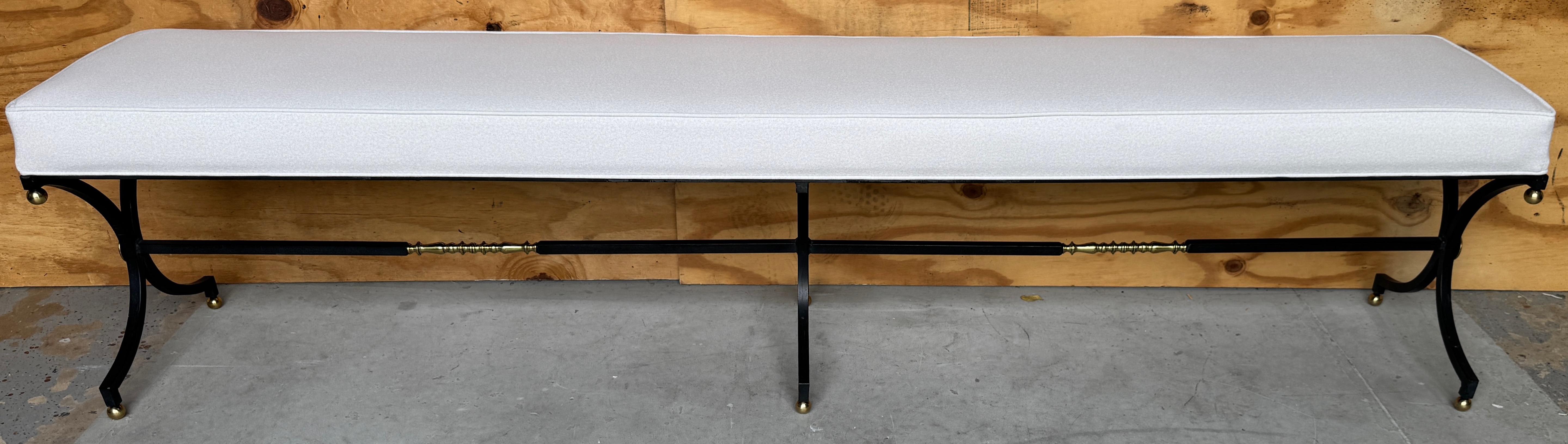 Blackened French Modern Maison Jansen Style Iron Brass Long Bench For Sale