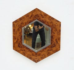 French Modern Mirror of Burled Elm  and Chrome (H 27 3/4 x W 24)